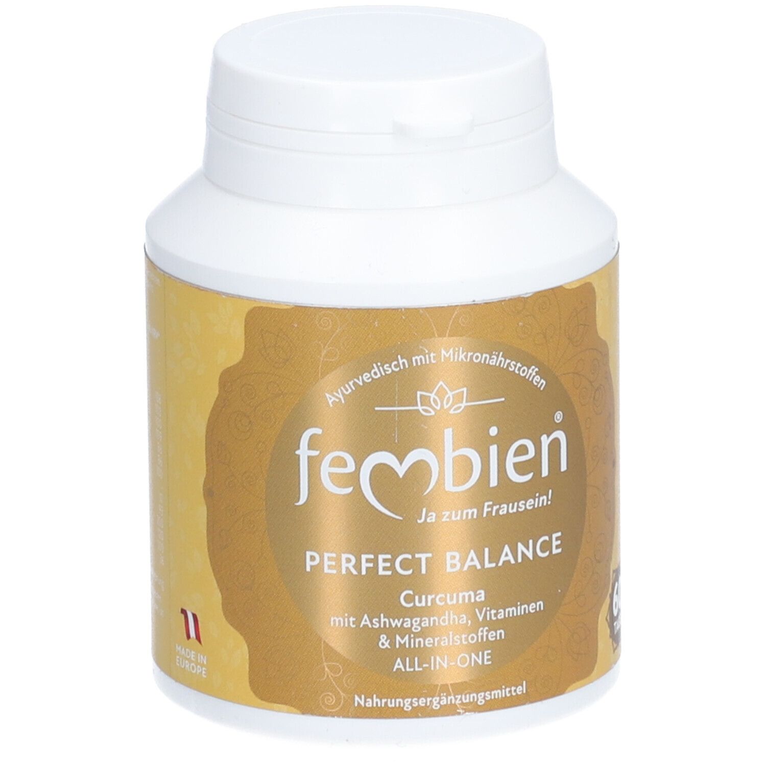 Weißes Fläschchen mit goldfarbenem Etikett. Aufschrift: fembien Perfect Balance, Curcuma, Ashwagandha, Vitamine & Mineralstoffe.