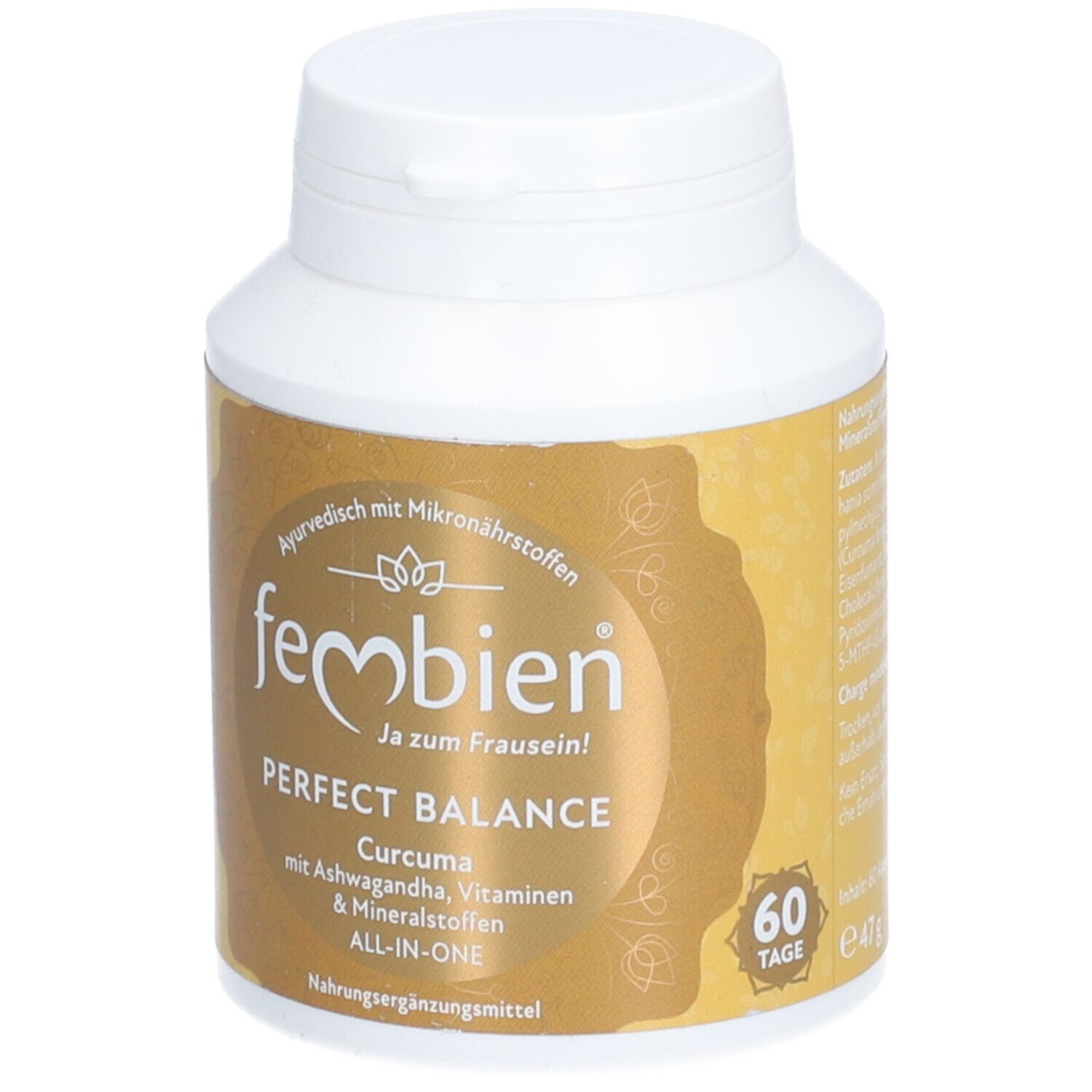 Weißes Fläschchen mit goldfarbenem Etikett. Aufschrift: fembien Perfect Balance, Curcuma, Ashwagandha, Vitamine & Mineralstoffe. 60 Kapseln.