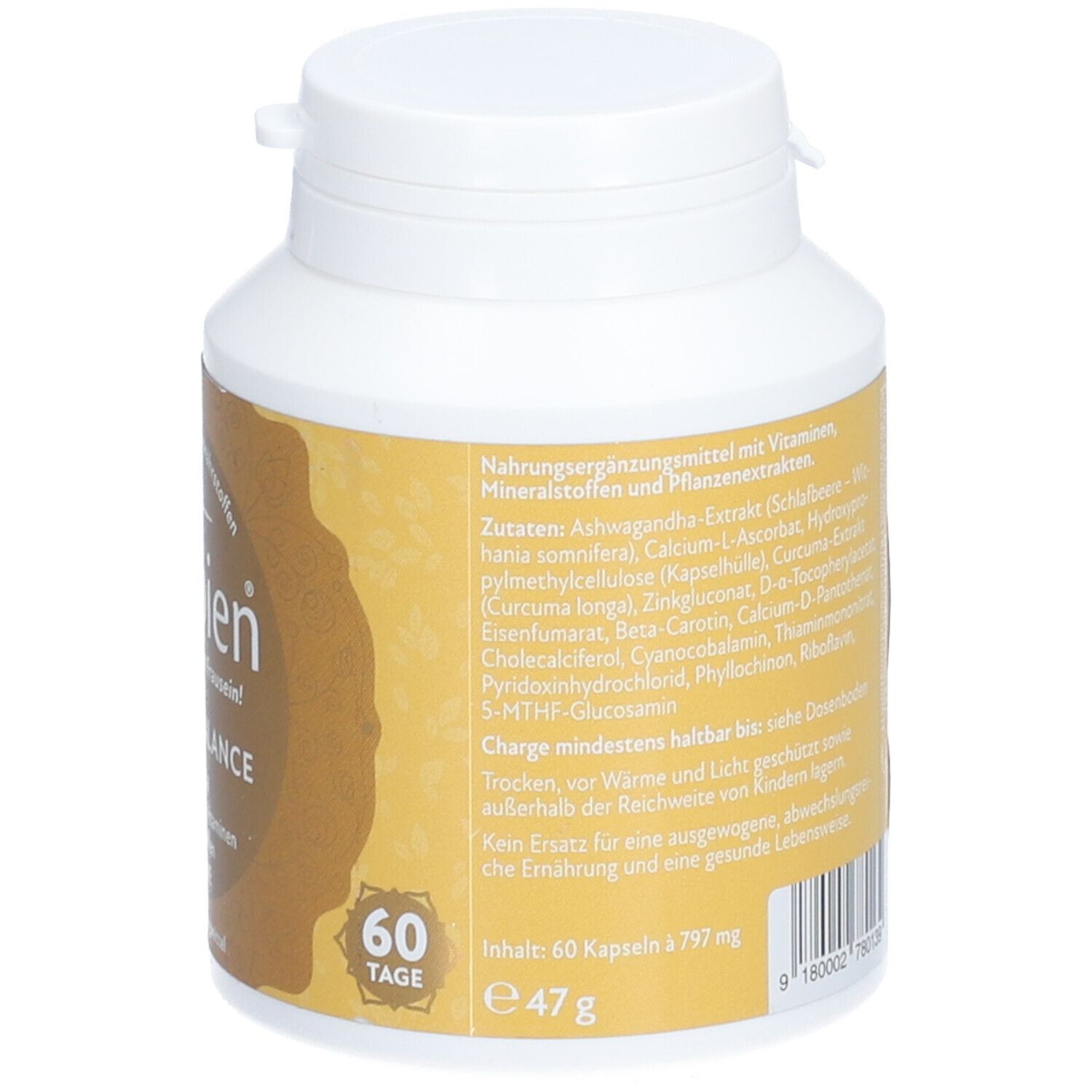 Rückseite des weißen Fläschchens mit goldfarbenem Etikett. Enthält Inhaltsstoffe, Warnhinweise und Mengenangaben. 60 Kapseln.