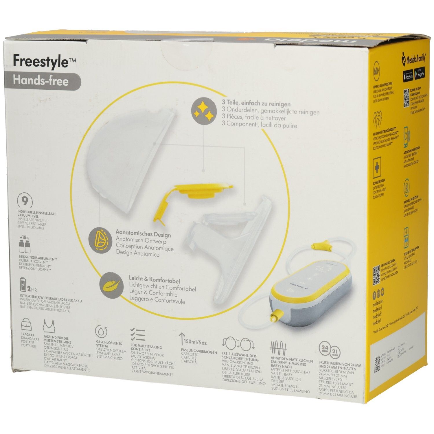 Verpackung einer Freestyle Hands-free Milchpumpe mit abgebildeten Komponenten wie Brustglocken und Motor. "Anatomisches Design" und "Leicht & Komfortabel" sind aufgedruckt.