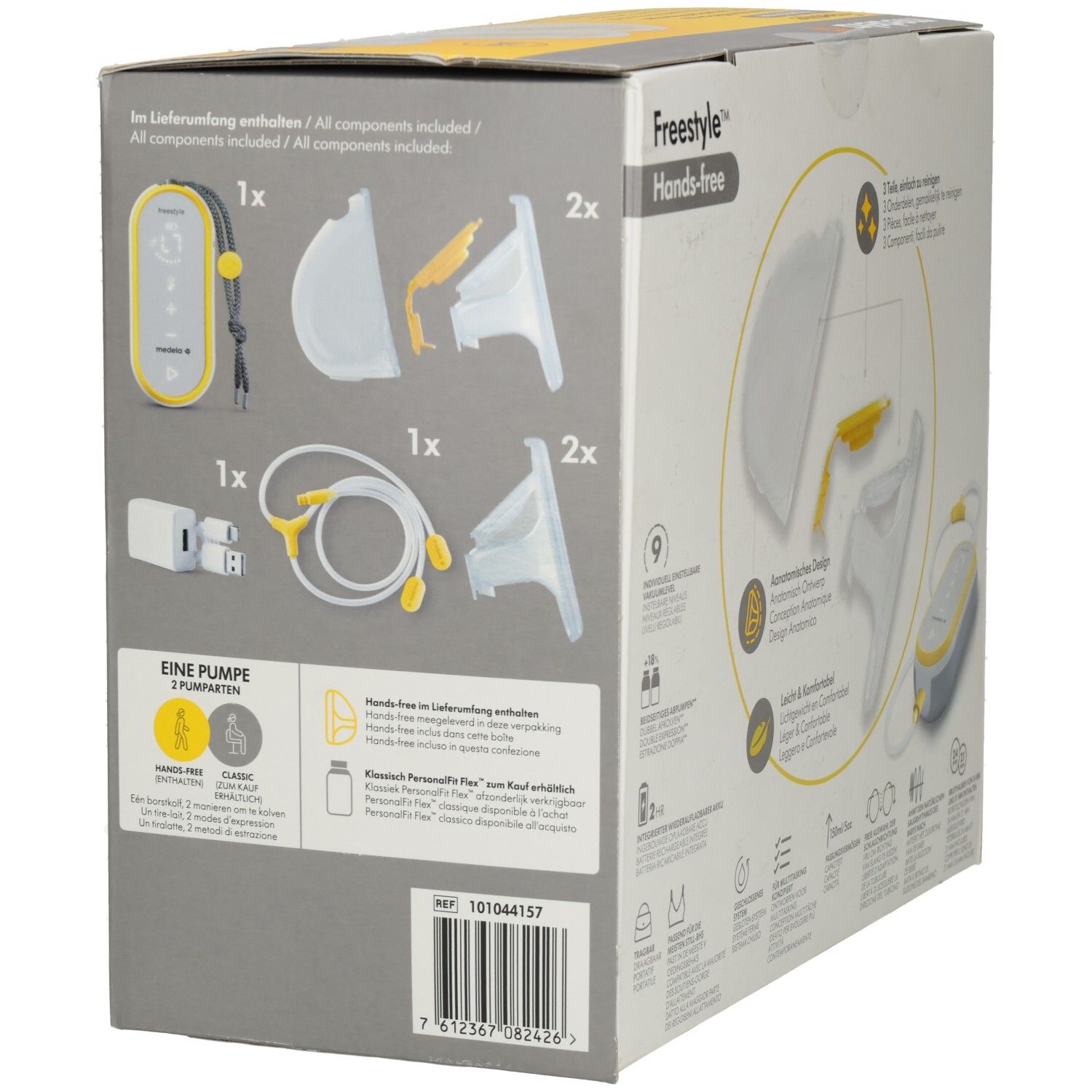 Verpackung einer Freestlye Hands-Free Milchpumpe mit Zubehör: Pumpe, Schläuche, Netzteil, 2x 21mm und 2x 24mm Brusthauben.