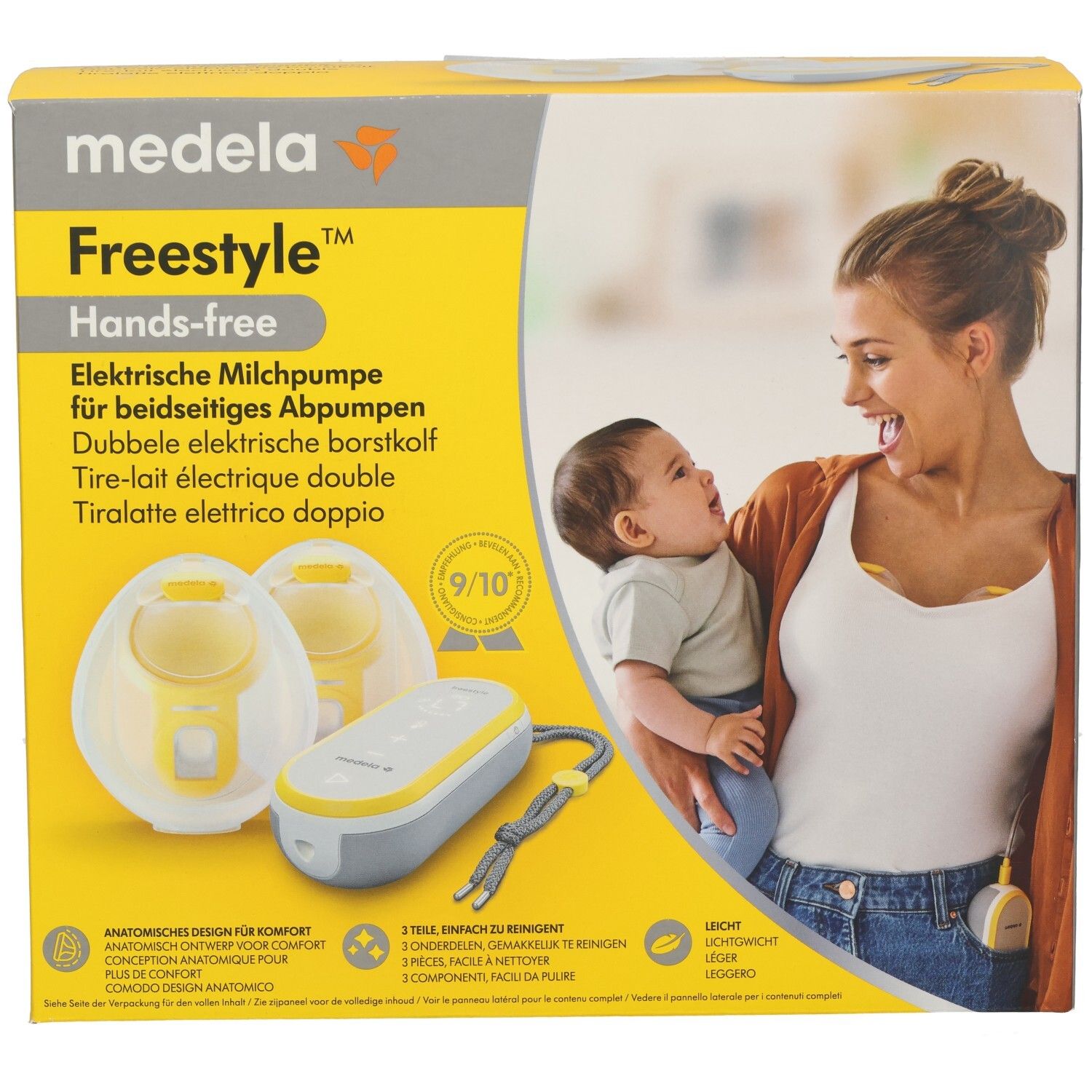 Medela Freestyle elektrische Milchpumpe, hands-free, mit zwei Brustglocken und Motor. Verpackung mit Mutter und Baby.