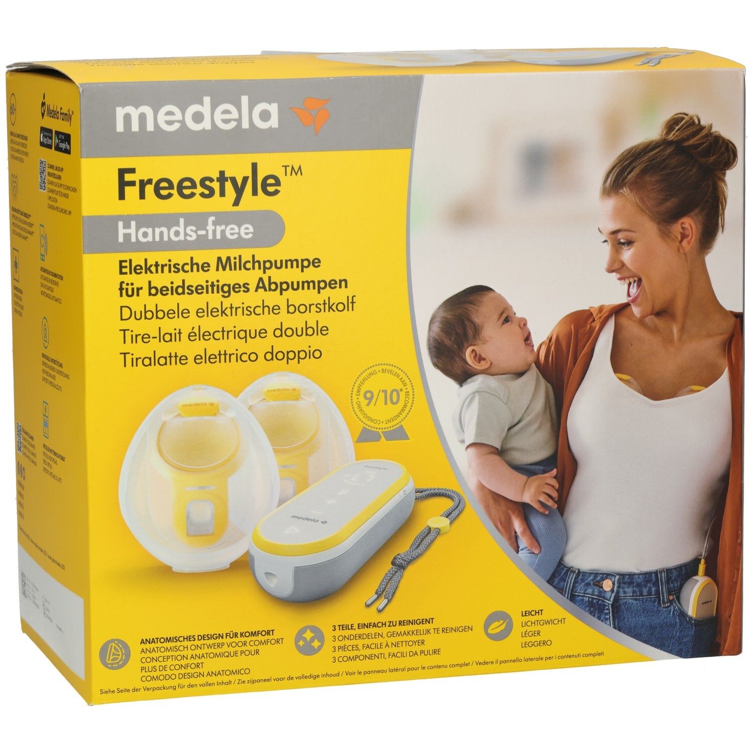 Medela Freestyle Hands-free elektrische Milchpumpe im Karton mit Zubehör.