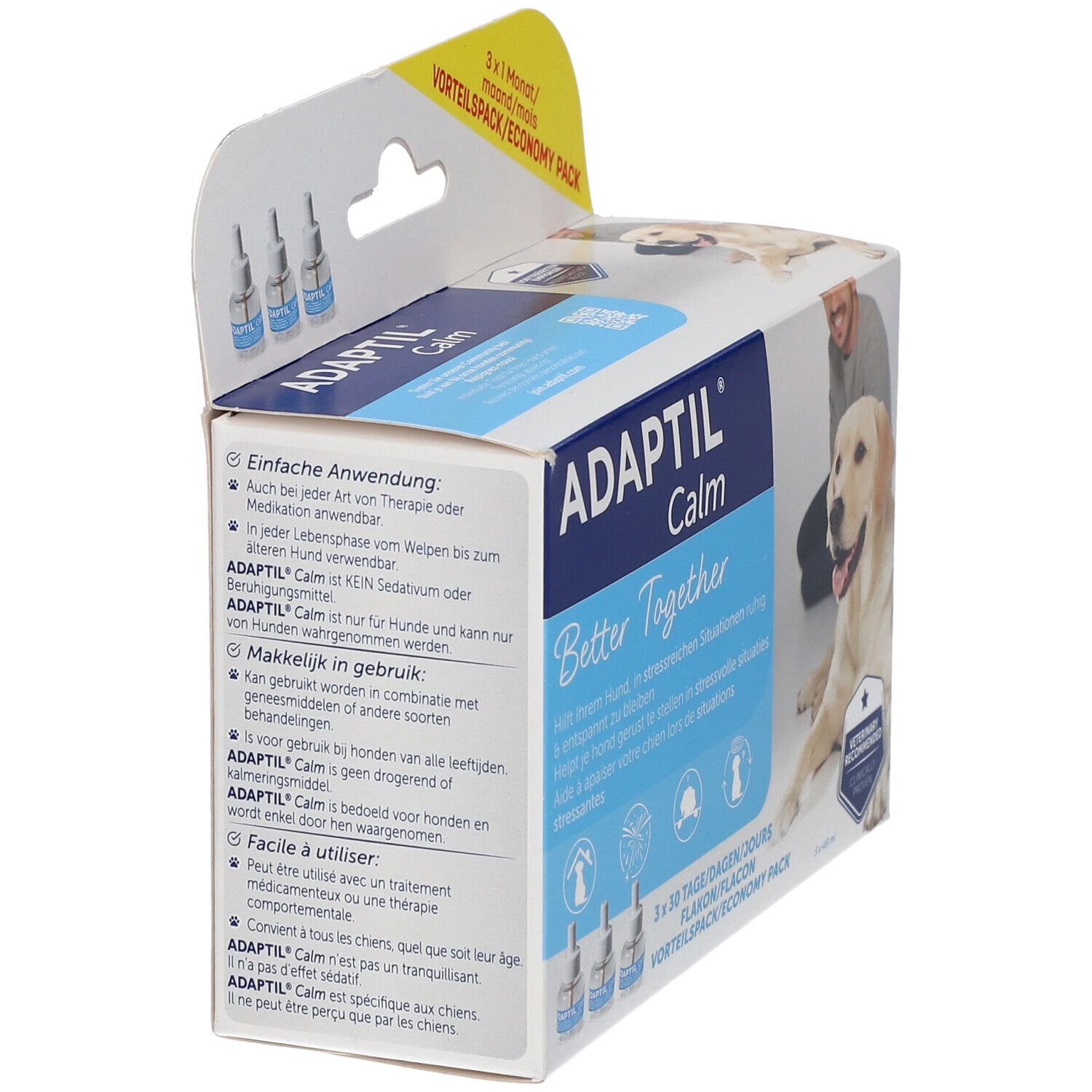 ADAPTIL Calm Verpackung. Text: Better Together. Enthält 3 Flakons. Auf der Seite: Anwendungshinweise und Warnhinweise.