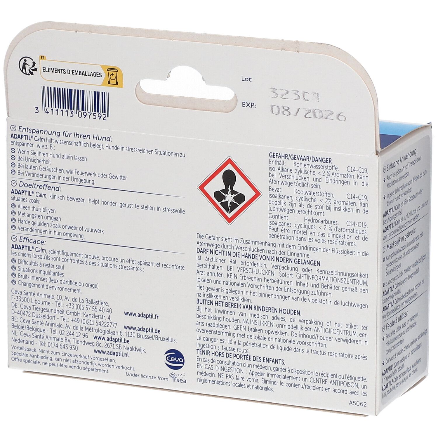 Rückseite der ADAPTIL Calm Verpackung. Text und Warnhinweise. Enthält Informationen zur Anwendung und Inhaltsstoffe.