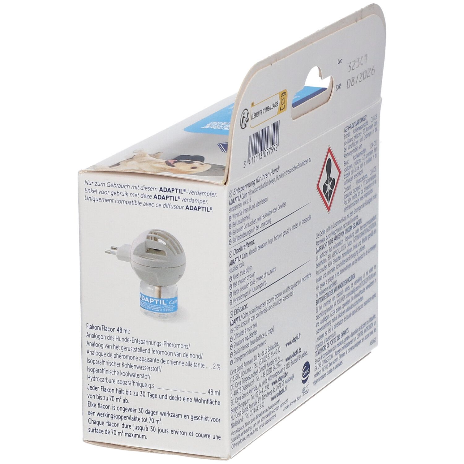 Seite der ADAPTIL Calm Verpackung. Zeigt einen Stecker-Diffusor und Flakon. Informationen zur Anwendung und Inhaltsstoffen.