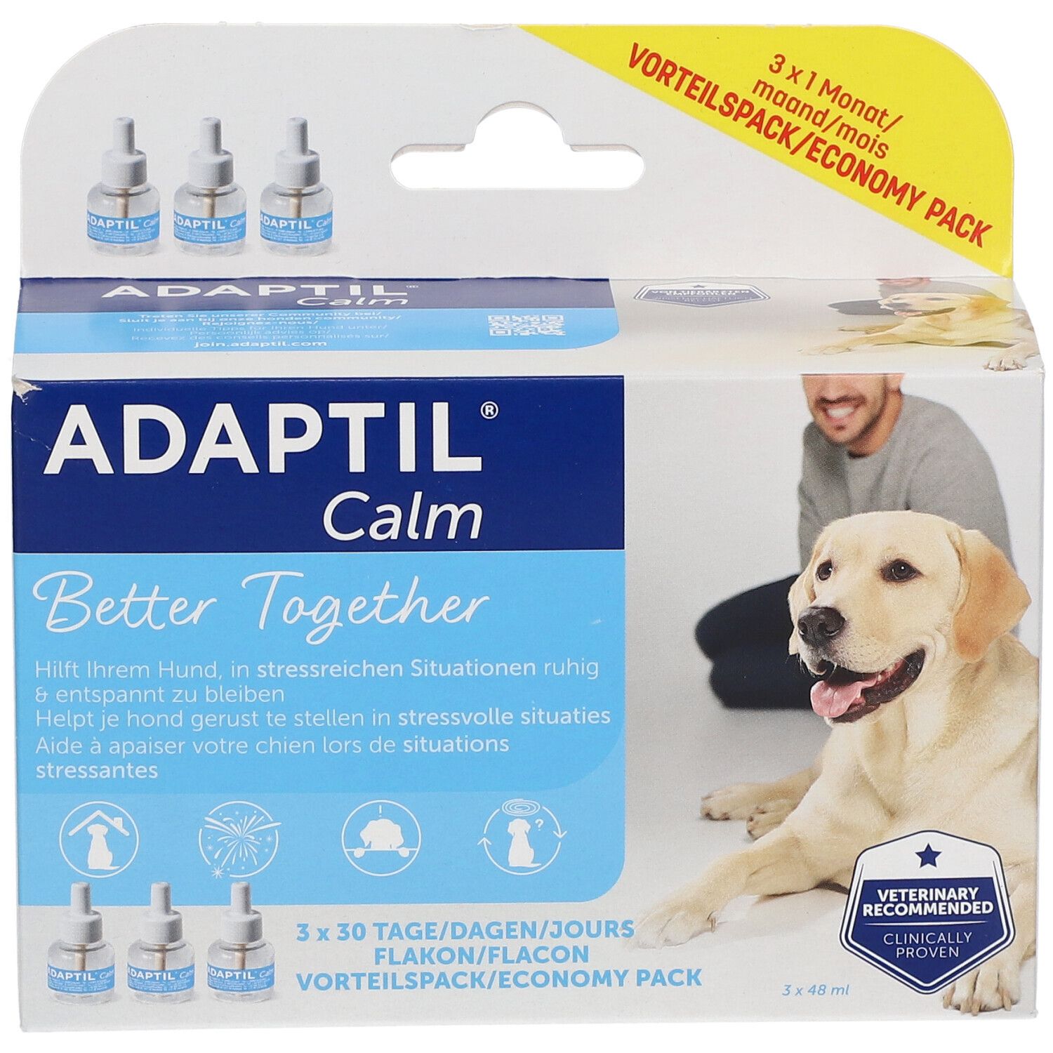 ADAPTIL Calm Verpackung mit 3 Flakons. Aufschrift: Better Together. Abbildung eines Hundes und Mannes. Veterinär empfohlen.