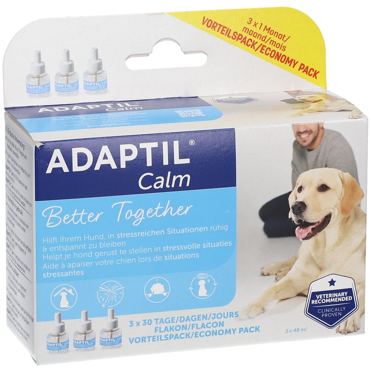 ADAPTIL Calm Verpackung mit 3 Flakons. Aufschrift: Better Together. Abbildung eines Hundes und Mannes. Veterinär empfohlen.