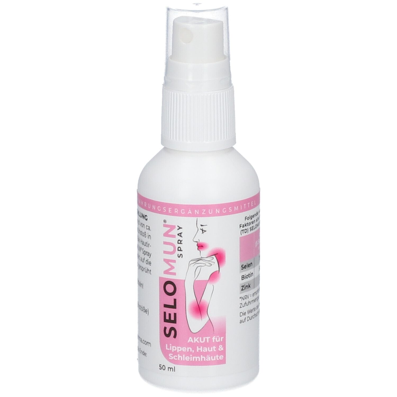 Weiße Sprühflasche mit SELO MUN Spray-Etikett. Akut für Lippen, Haut & Schleimhäute. 50 ml.