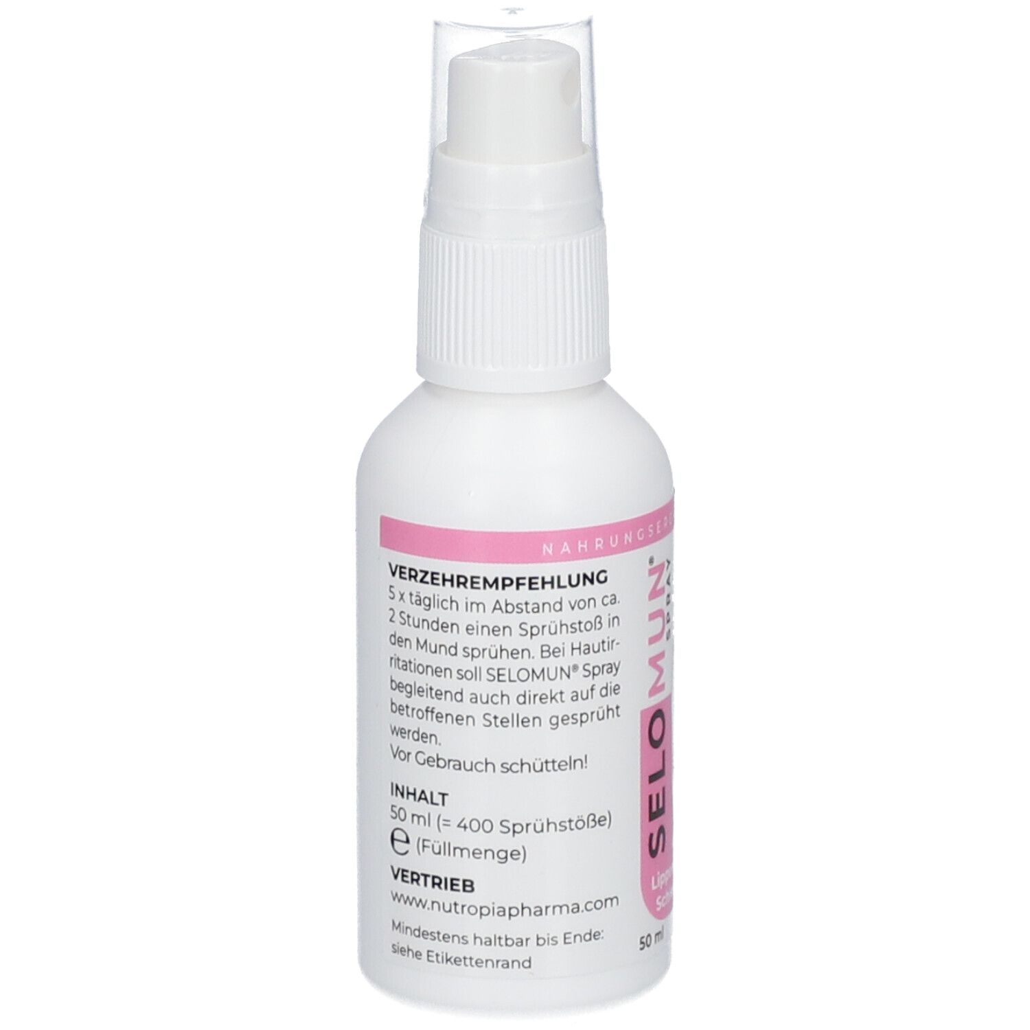 Weiße Sprühflasche SELO MUN Spray. Enthält 50 ml. Dosierungshinweise auf dem Etikett.