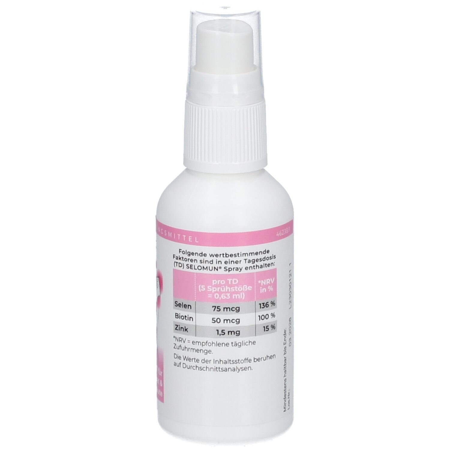 Weiße Sprühflasche SELO MUN Spray. Nährwertangaben: Selen, Biotin, Zink. 50 ml.