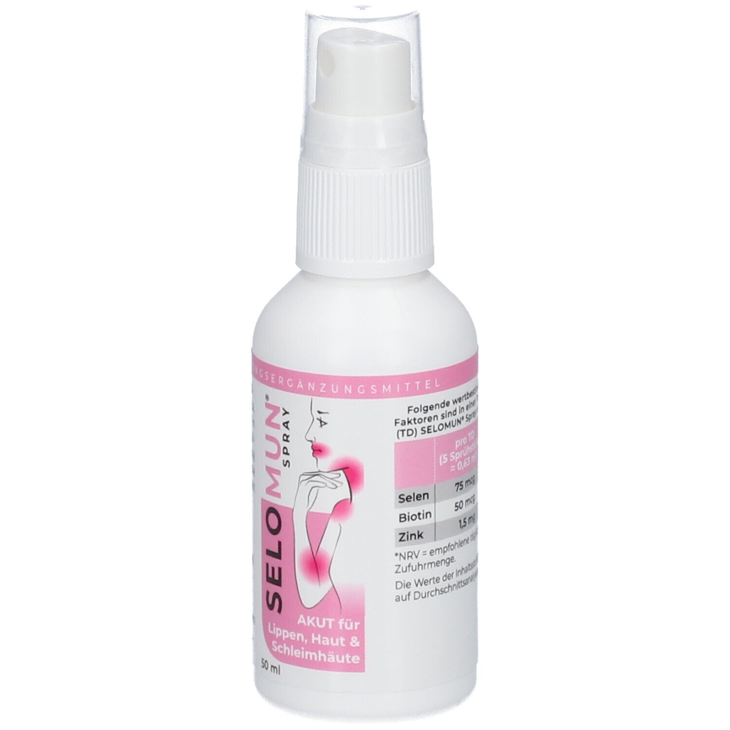 Weiße Sprühflasche SELO MUN Spray. Akut für Lippen, Haut & Schleimhäute. 50 ml.
