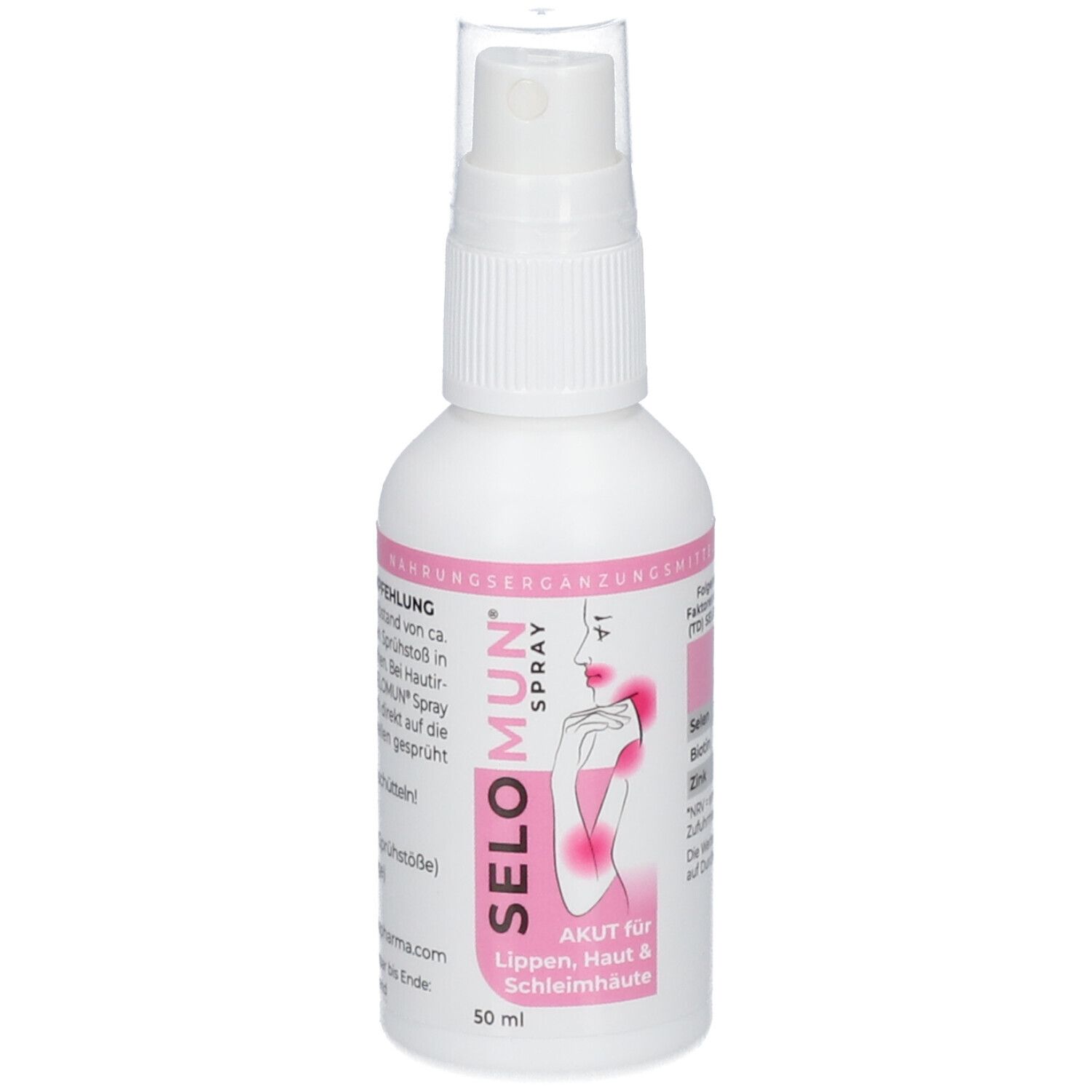 Weiße Sprühflasche SELO MUN Spray. Akut für Lippen, Haut & Schleimhäute. 50 ml.