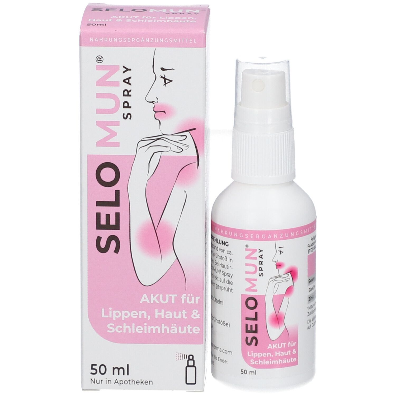 Selo Mun Spray und Verpackung. Sprayflasche und Karton mit Produktinformationen.