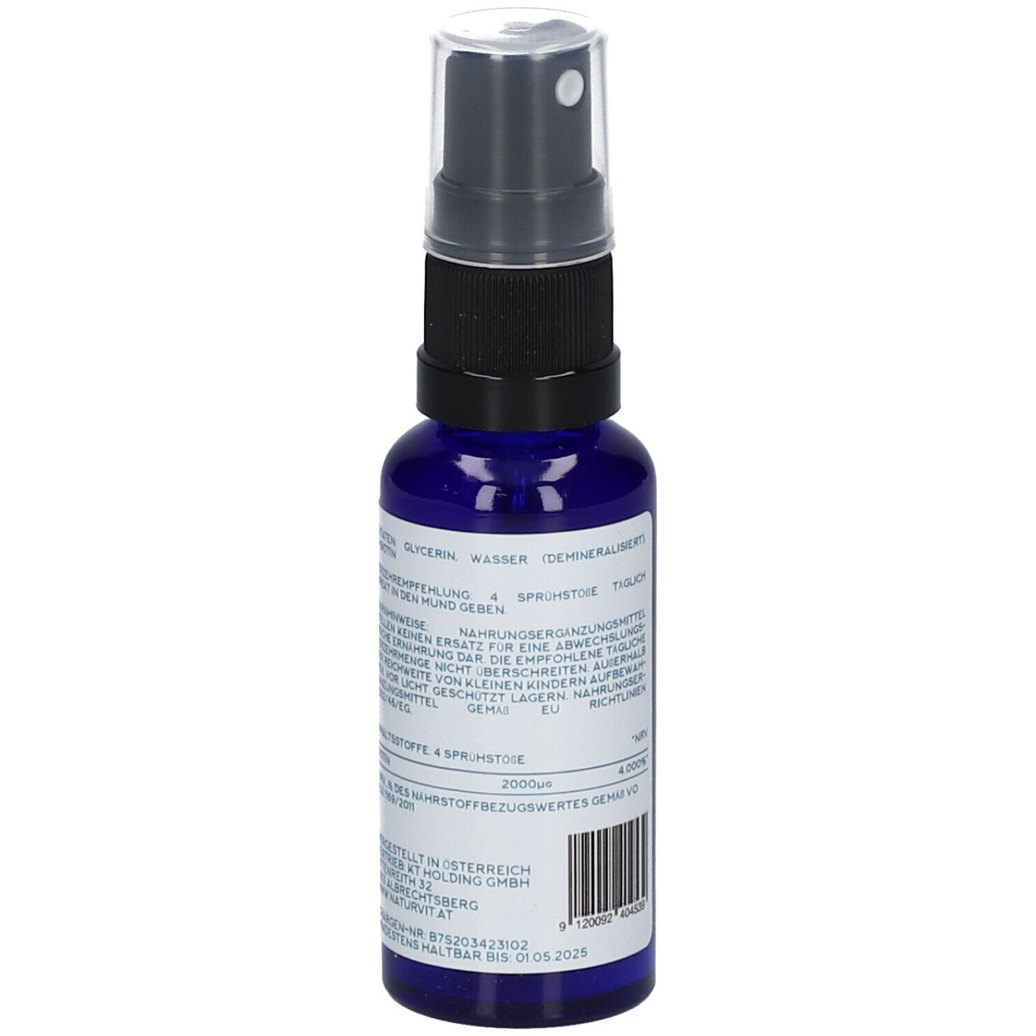 Blaue Flasche mit Sprühkopf. Rückseite mit Text. Produktinformationen und Inhaltsstoffe auf weißem Etikett.