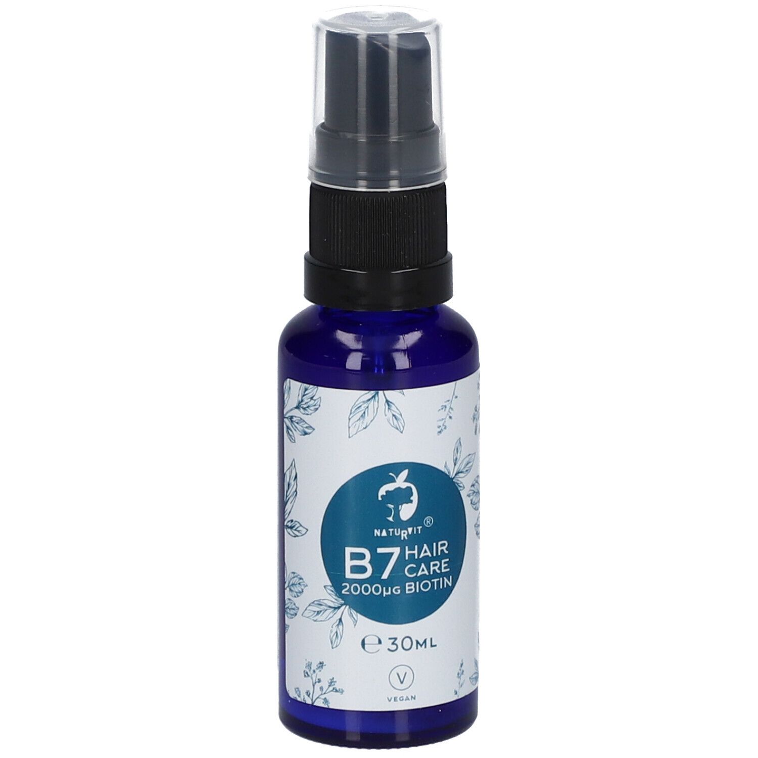 Blaue Flasche mit Sprühkopf. Aufkleber mit Logo, Schriftzug B7 Hair Care 2000µg Biotin und Volumenangabe 30ml. Vegan-Siegel.