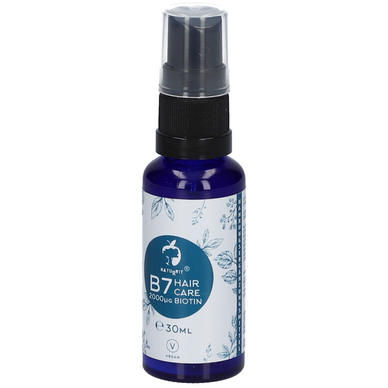 Blaue Flasche mit Sprühkopf. Aufkleber mit Logo, Schriftzug B7 Hair Care 2000µg Biotin und Volumenangabe 30ml. Vegan-Siegel.