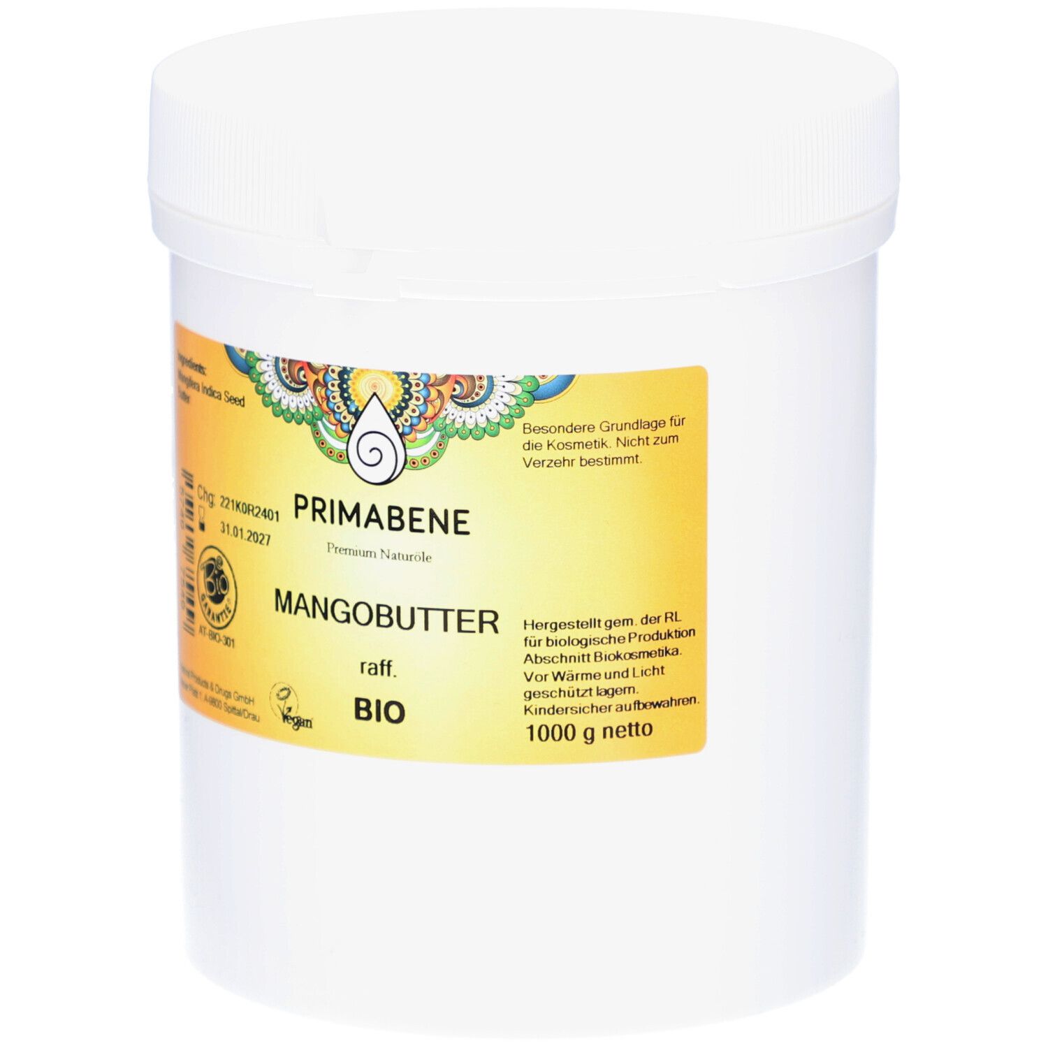 Weißer Behälter mit Deckel. Aufkleber mit Produktinformationen: PRIMABENE, Mangobutter BIO, raff., 1000 g netto. Bio-Siegel.