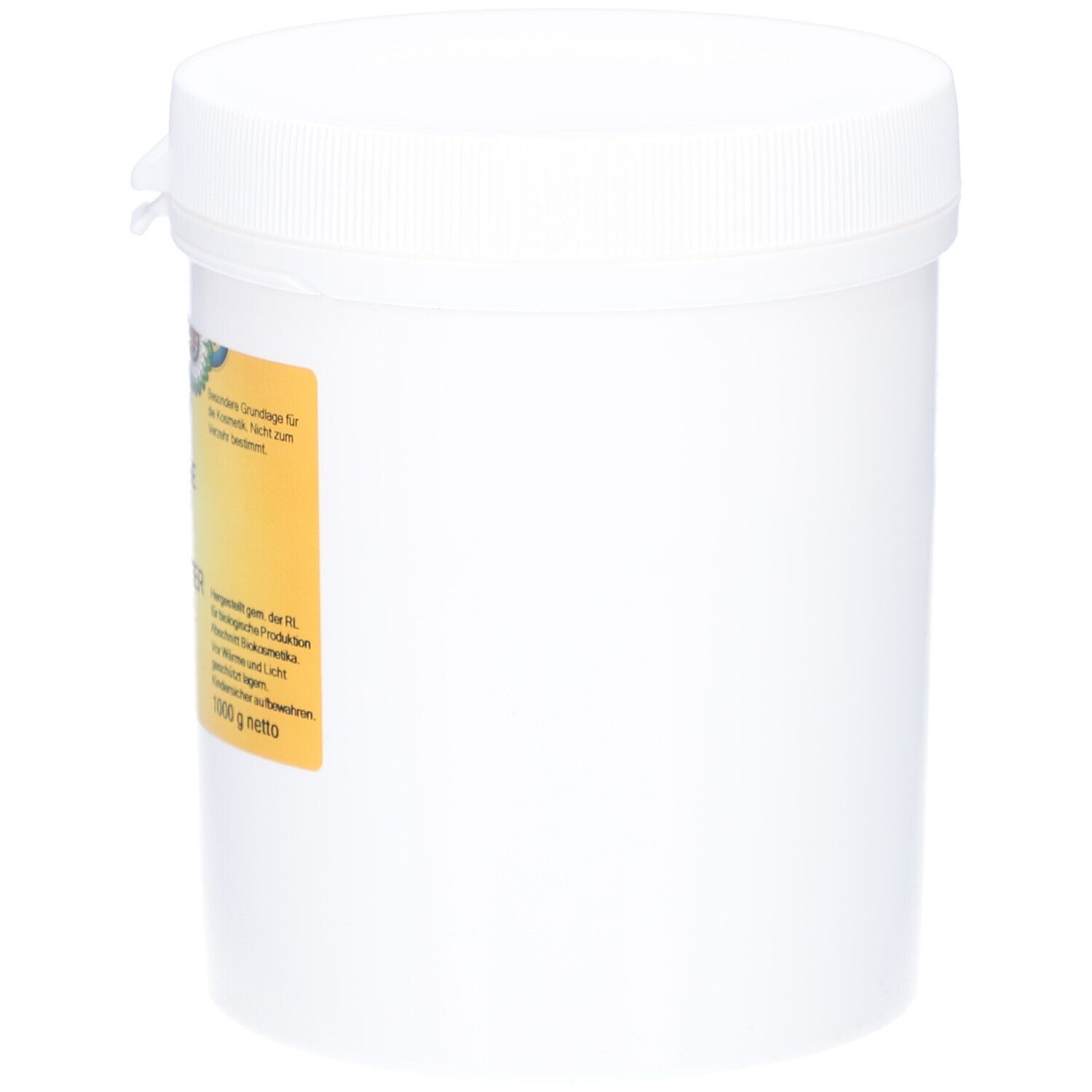 Weißer Behälter mit Deckel. Aufkleber mit Produktinformationen: PRIMABENE, Mangobutter BIO, raff., 1000 g netto.