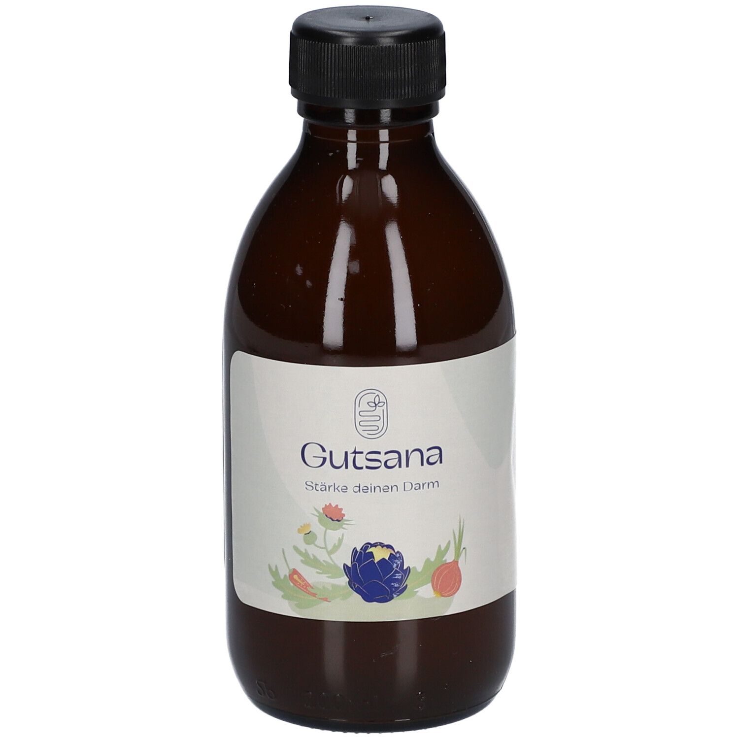 Braune Glasflasche mit schwarzem Deckel. Weißes Etikett mit Produktnamen und floralen Illustrationen.