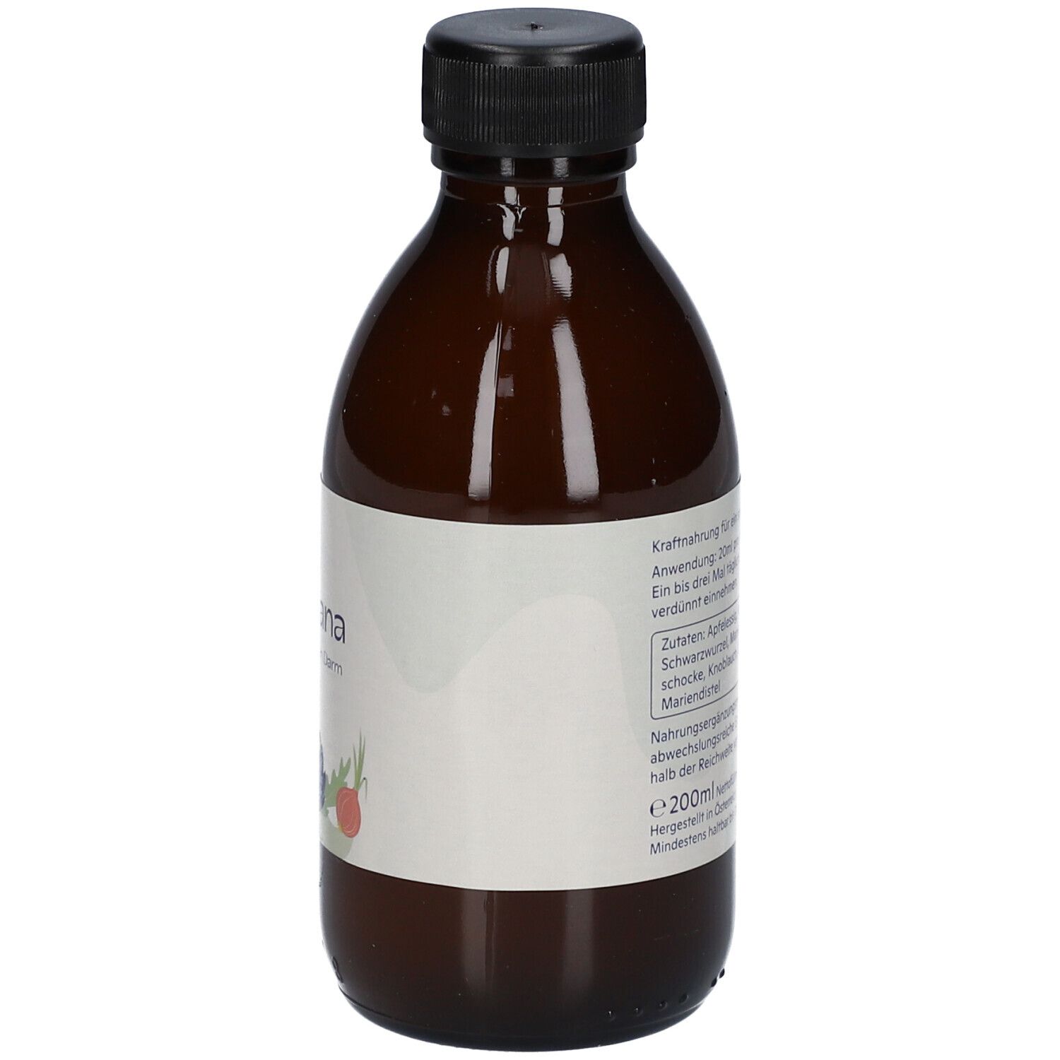 Braune Glasflasche mit schwarzem Deckel. Weißes Etikett mit Text und Mindesthaltbarkeitsdatum.