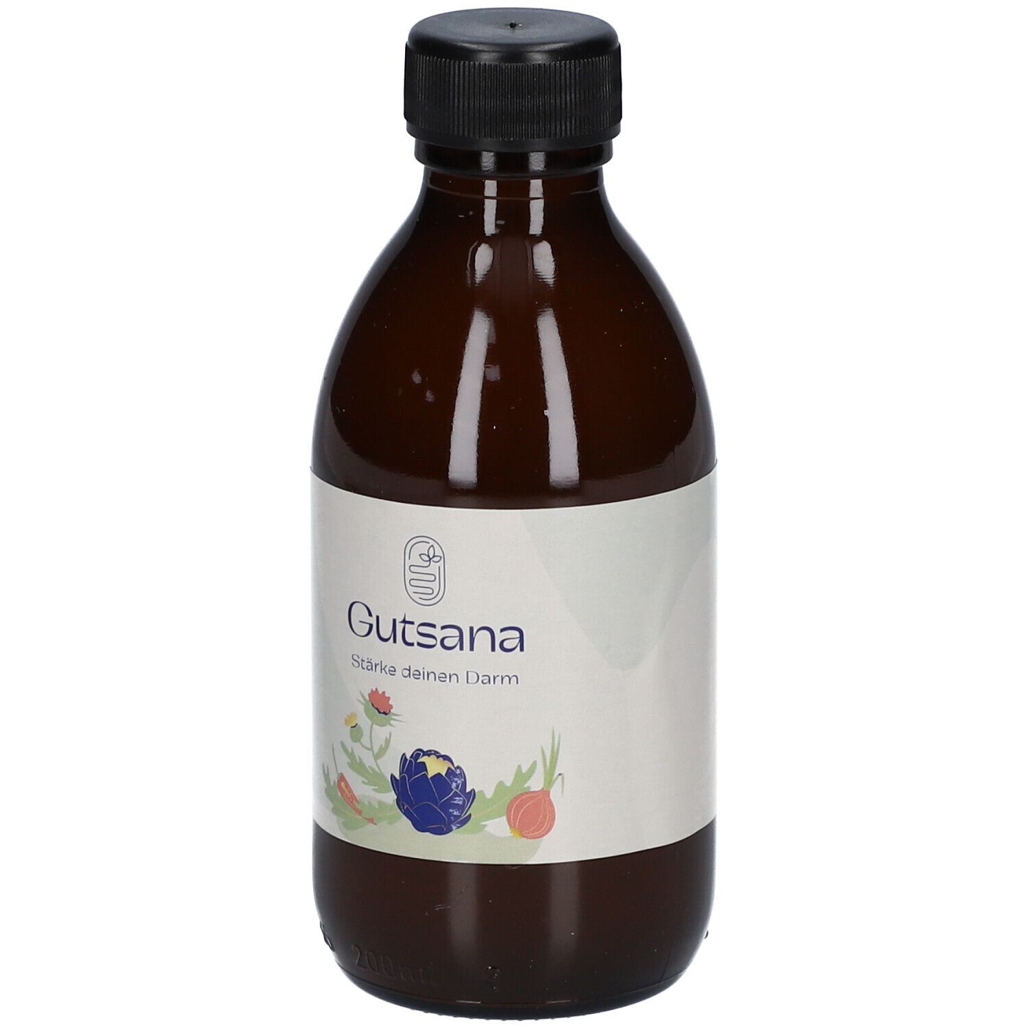 Braune Glasflasche mit schwarzem Deckel. Weißes Etikett mit Produktnamen und floralen Illustrationen.