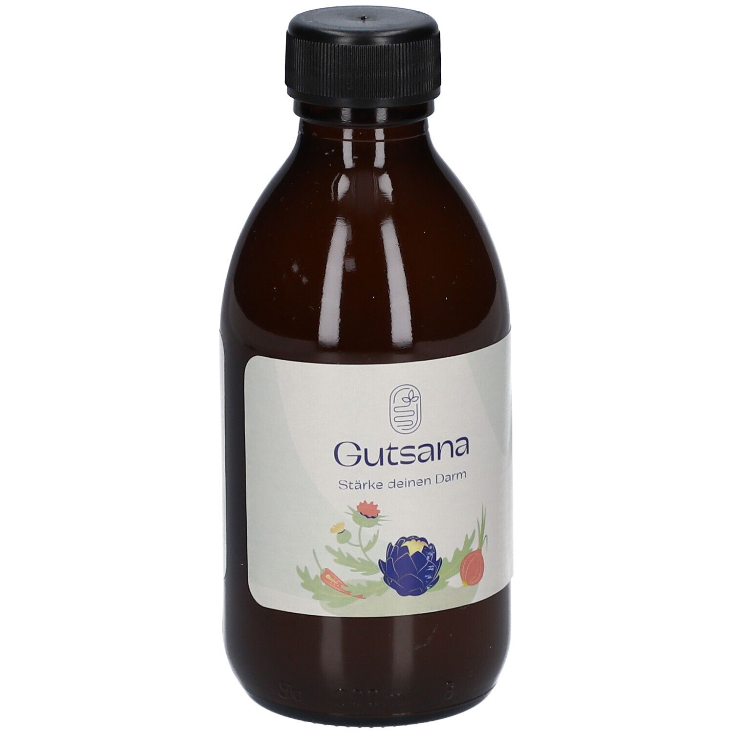 Braune Glasflasche mit schwarzem Deckel. Weißes Etikett mit Produktnamen und floralen Illustrationen.