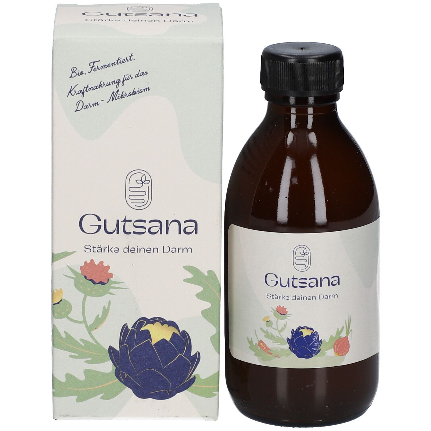 Braune Glasflasche mit schwarzem Deckel neben einer weißen Produktverpackung. Etikett mit Produktnamen.