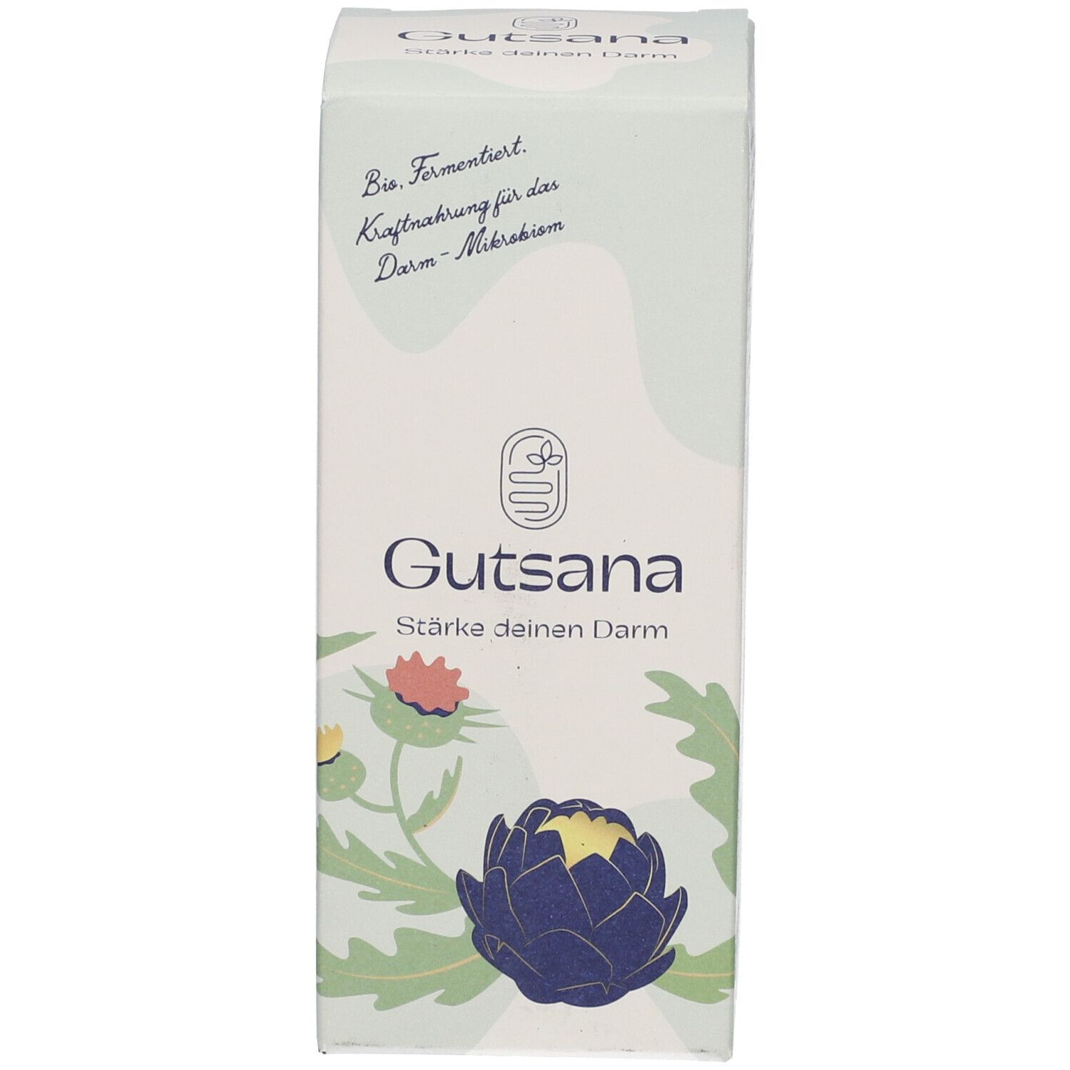 Weiße Produktverpackung mit Text, Logo und floralen Illustrationen. Enthält Produktnamen.