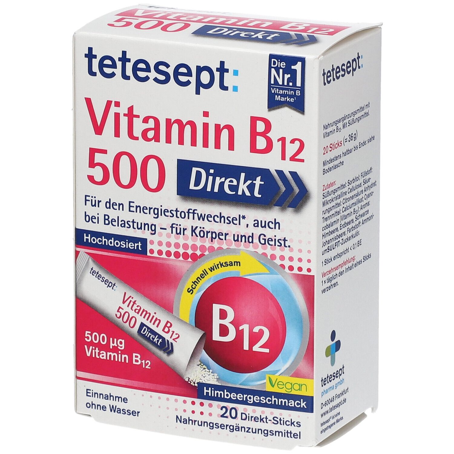 Verpackung tetesept Vitamin B12 500 Direkt Sticks. Aufschrift: Vitamin B12 500 Direkt, Himbeergeschmack, 20 Direkt-Sticks.