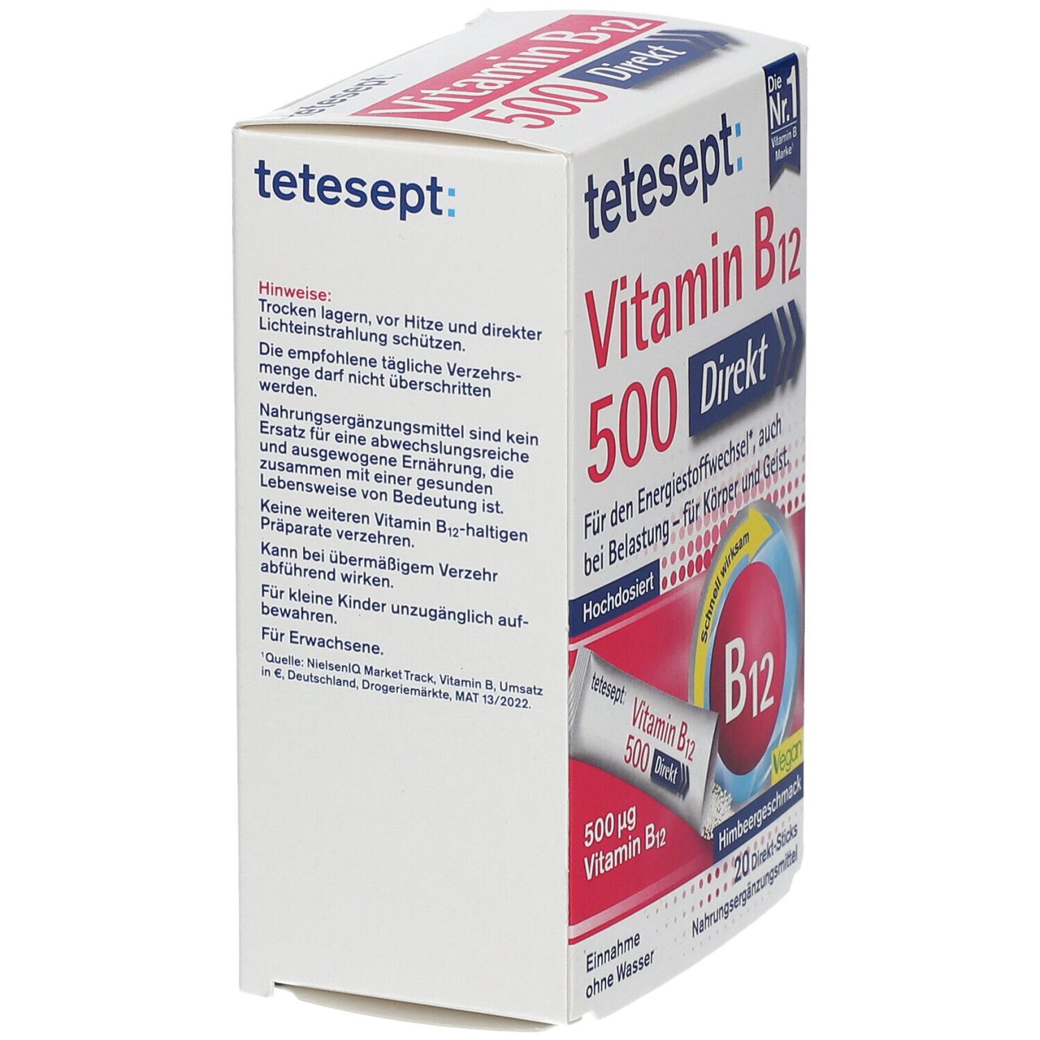 Schrägansicht der Verpackung tetesept Vitamin B12 500 Direkt Sticks. Aufschrift: Vitamin B12 500 Direkt.