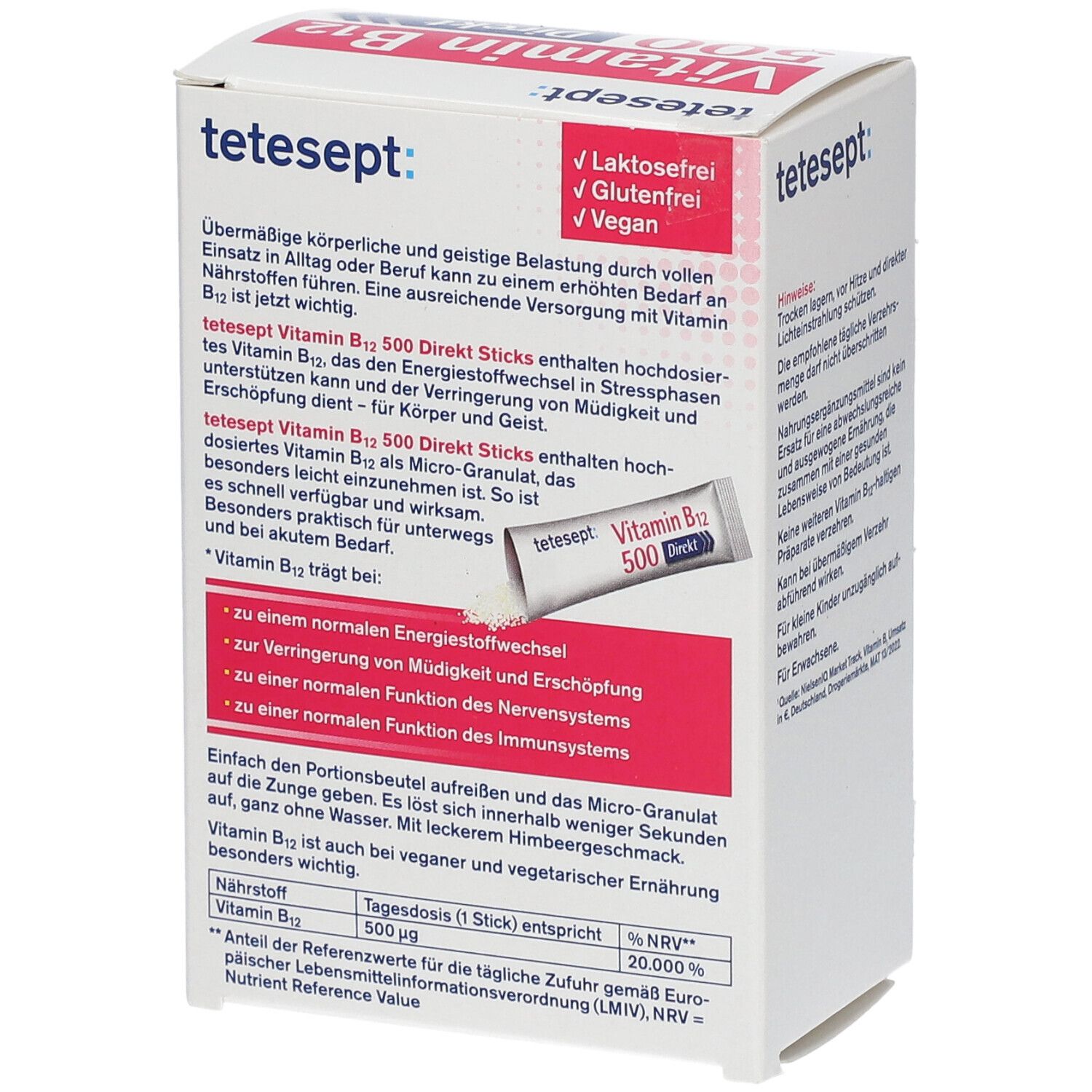 Rückseite der Verpackung tetesept Vitamin B12 500 Direkt Sticks. Text über Inhaltsstoffe und Anwendung.