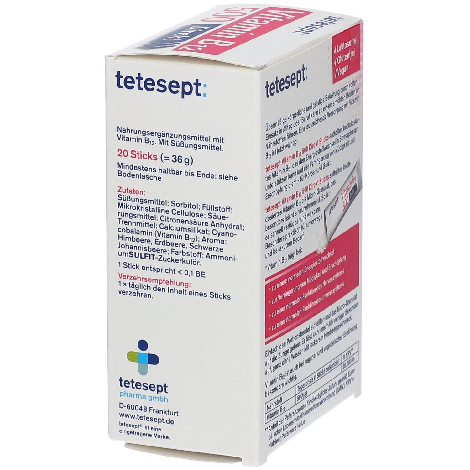 Seitenansicht der Verpackung tetesept Vitamin B12 500 Direkt Sticks. Text über Inhaltsstoffe und Anwendung.