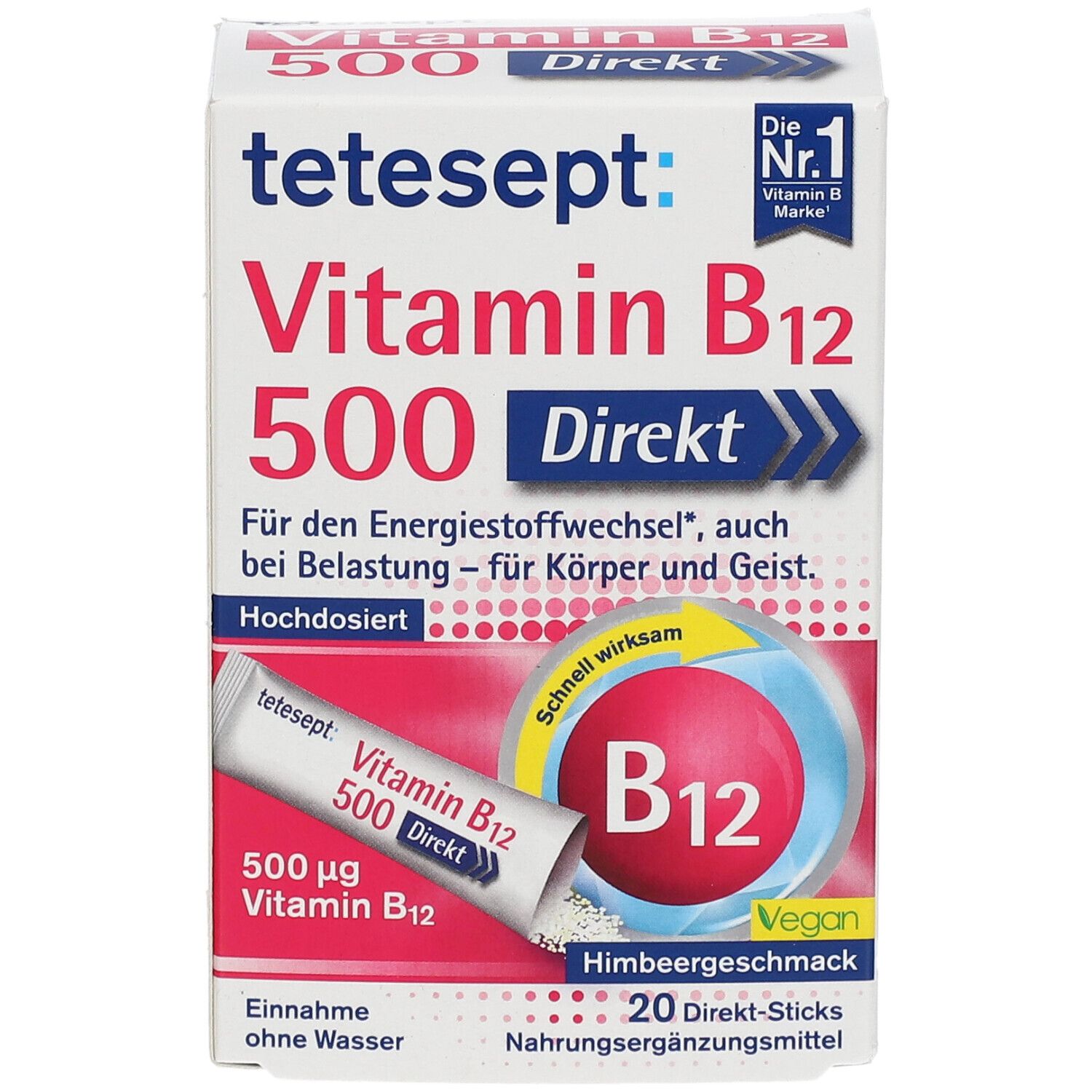 Verpackung tetesept Vitamin B12 500 Direkt Sticks. Aufschrift: Vitamin B12 500 Direkt, Himbeergeschmack, 20 Direkt-Sticks.