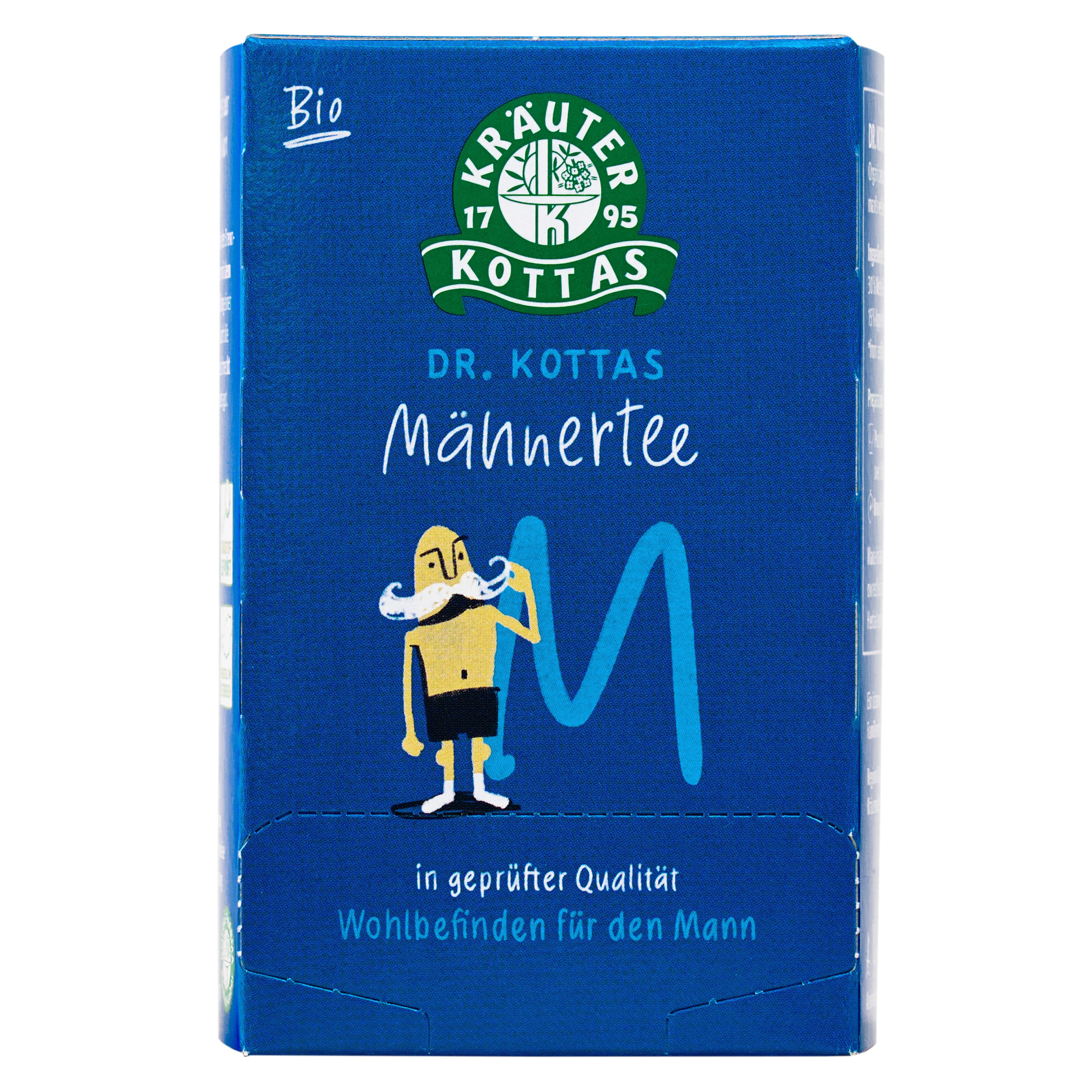 DR. KOTTAS Männertee Packung mit Bio-Siegel und stilisierter Mann-Grafik.