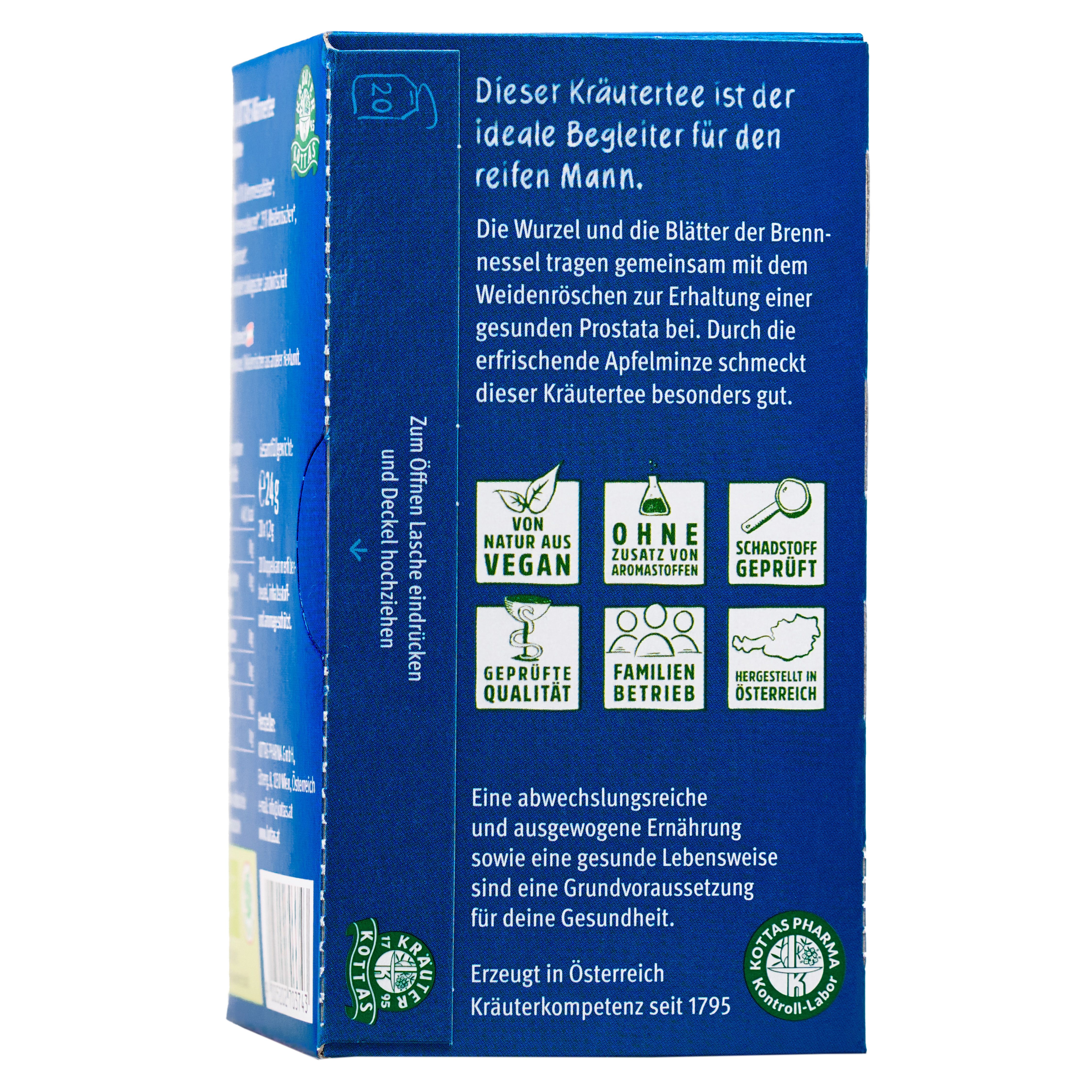 Rückseite der DR. KOTTAS Männertee Packung mit Siegeln für Vegan, Ohne Aromastoffe, Schadstoff geprüft.
