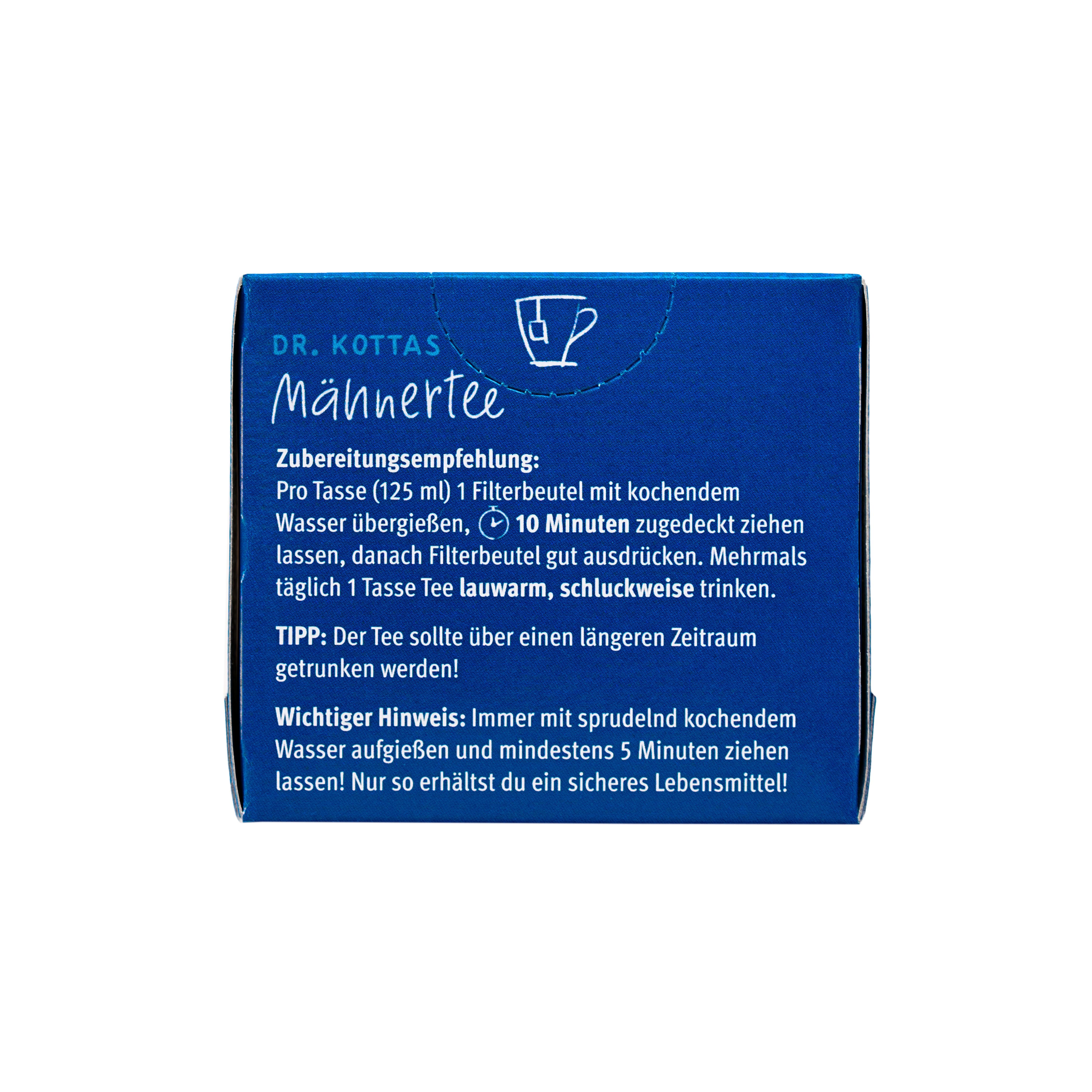 Seitenansicht der DR. KOTTAS Männertee Packung mit Zubereitungshinweisen und Tassen-Symbol.
