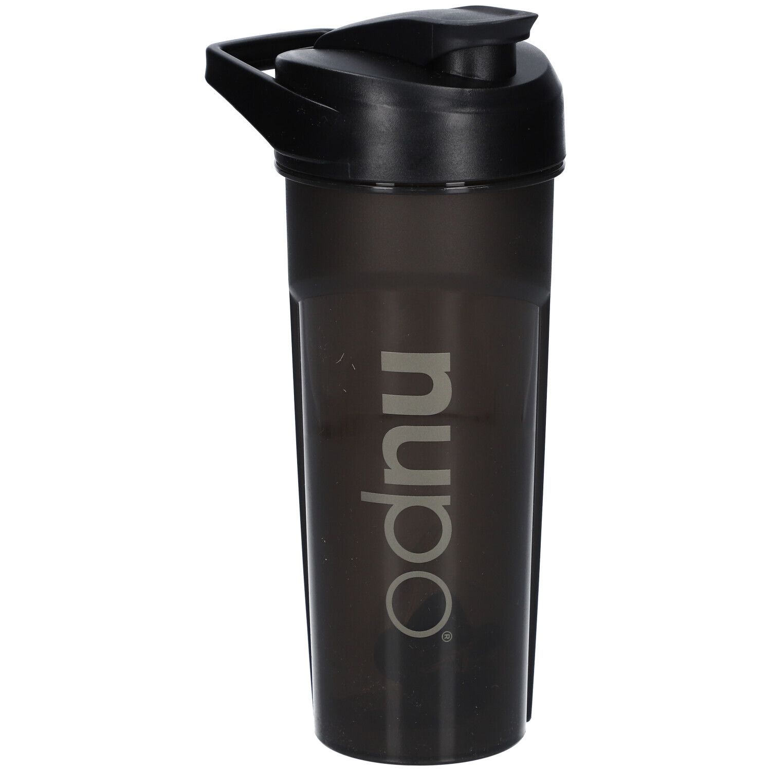 Schwarzer Shaker mit Klappdeckel. Aufschrift "nupo".