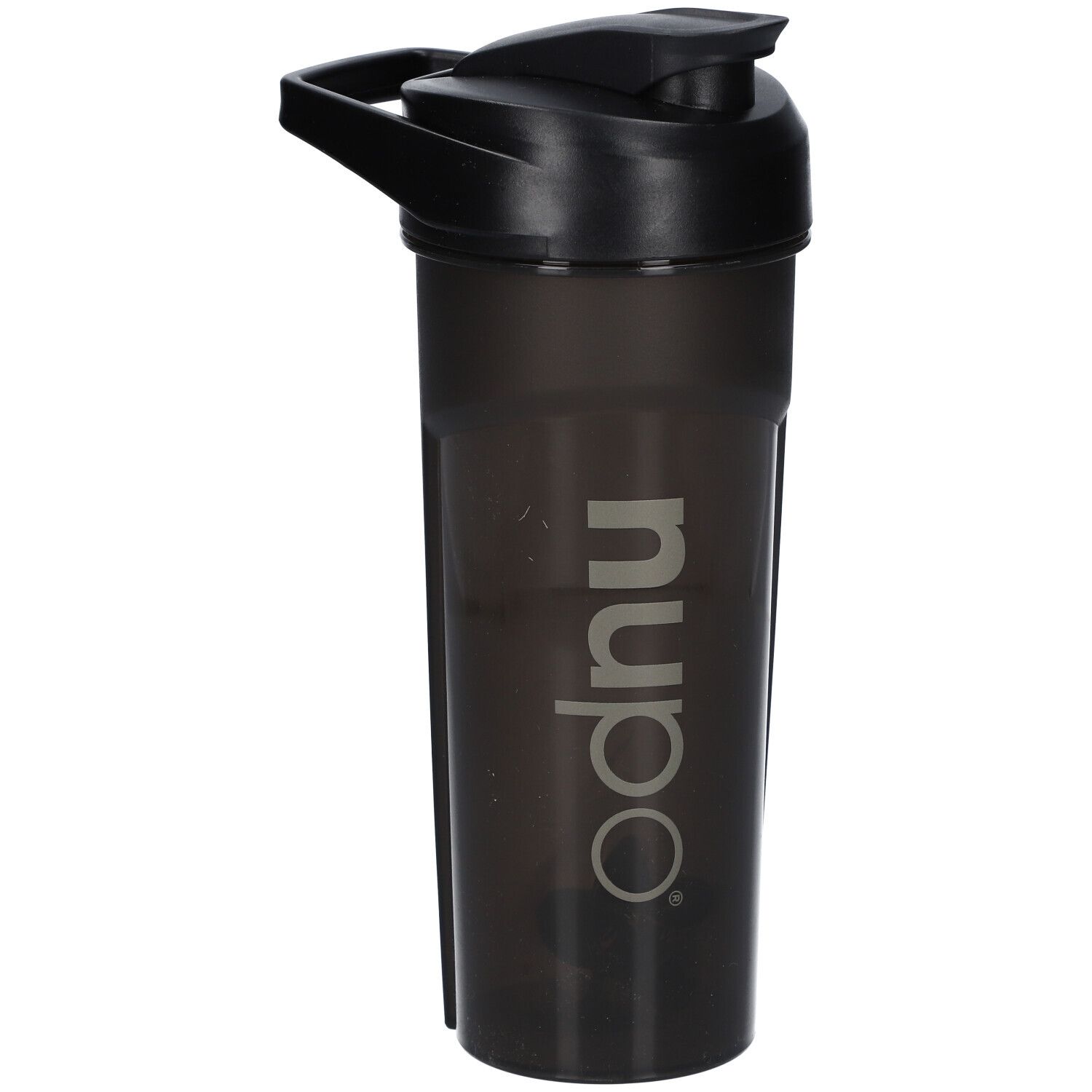 Schwarzer Shaker mit Klappdeckel. Aufschrift "nupo".