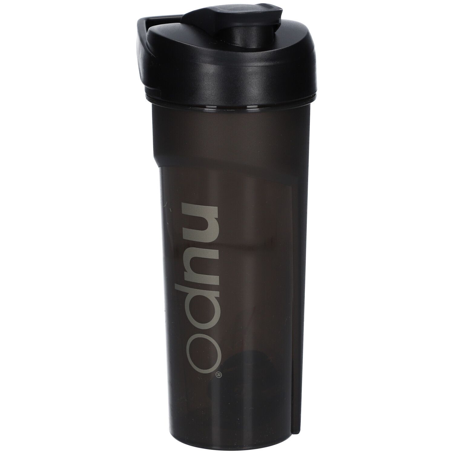 Schwarzer Shaker mit Klappdeckel. Aufschrift "nupo".