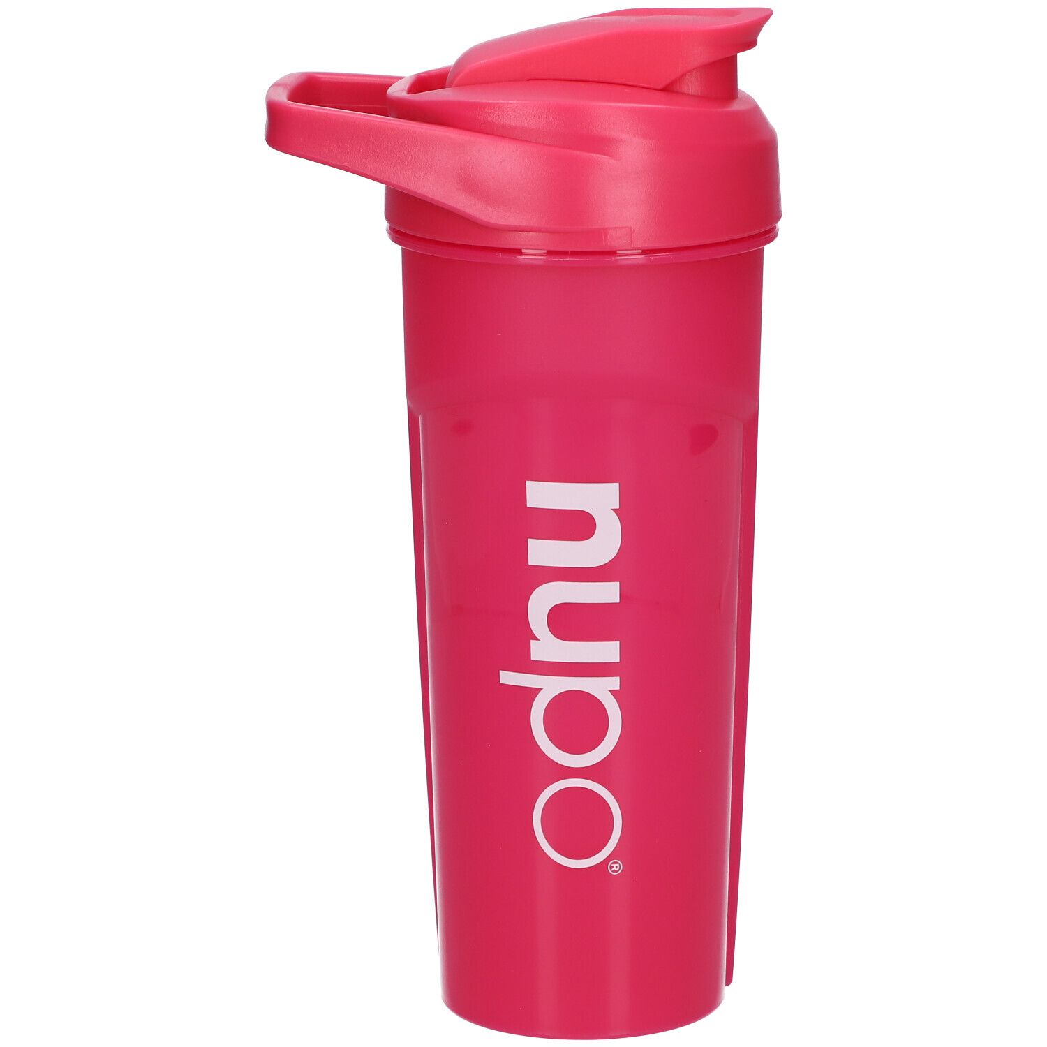 Shaker rose avec logo blanc. Le couvercle est également rose. Le shaker a une poignée et un bouchon pour boire.