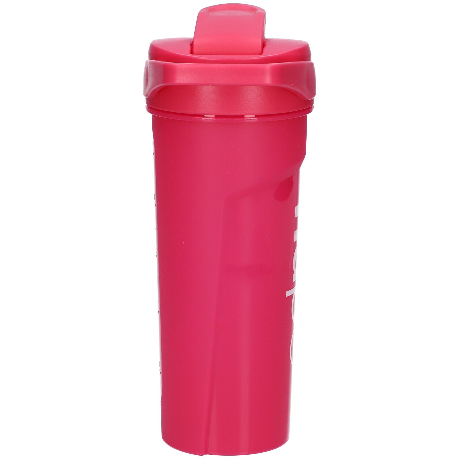 Shaker rose. Le shaker a un couvercle et un bouchon pour boire. Un logo blanc est visible sur le côté.