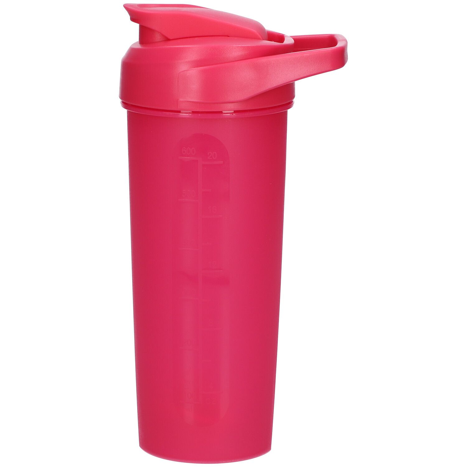 Shaker rose avec échelle de mesure. Le shaker a un couvercle et un bouchon pour boire. L'échelle est blanche.