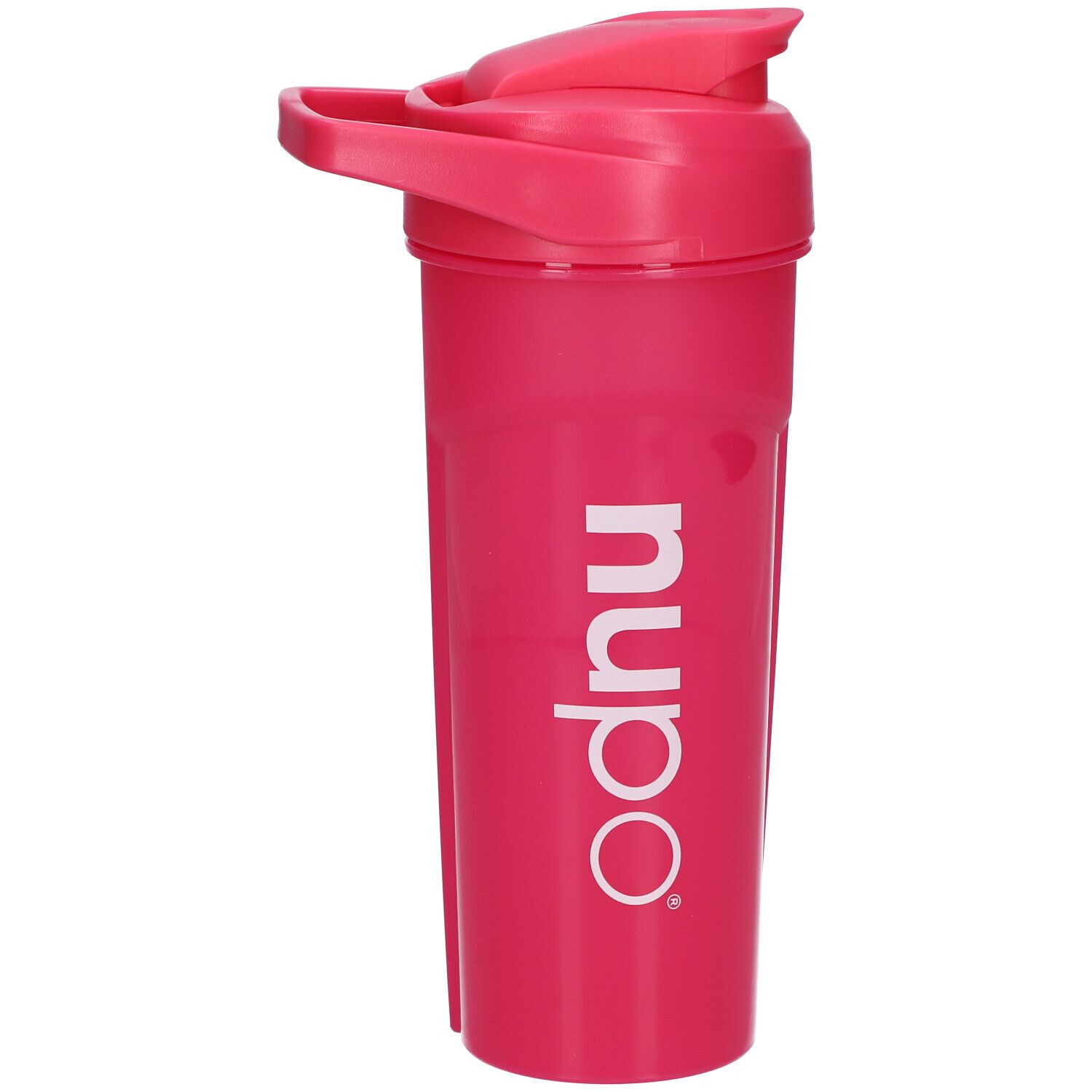 Shaker rose avec logo blanc. Le shaker a un couvercle et un bouchon pour boire. La poignée est visible.