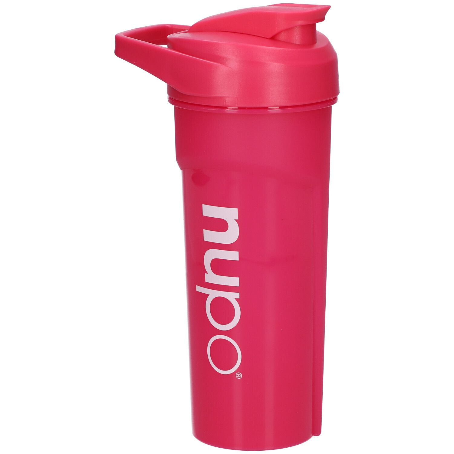 Shaker rose avec logo blanc. Le shaker a un couvercle et un bouchon pour boire. La poignée est visible.