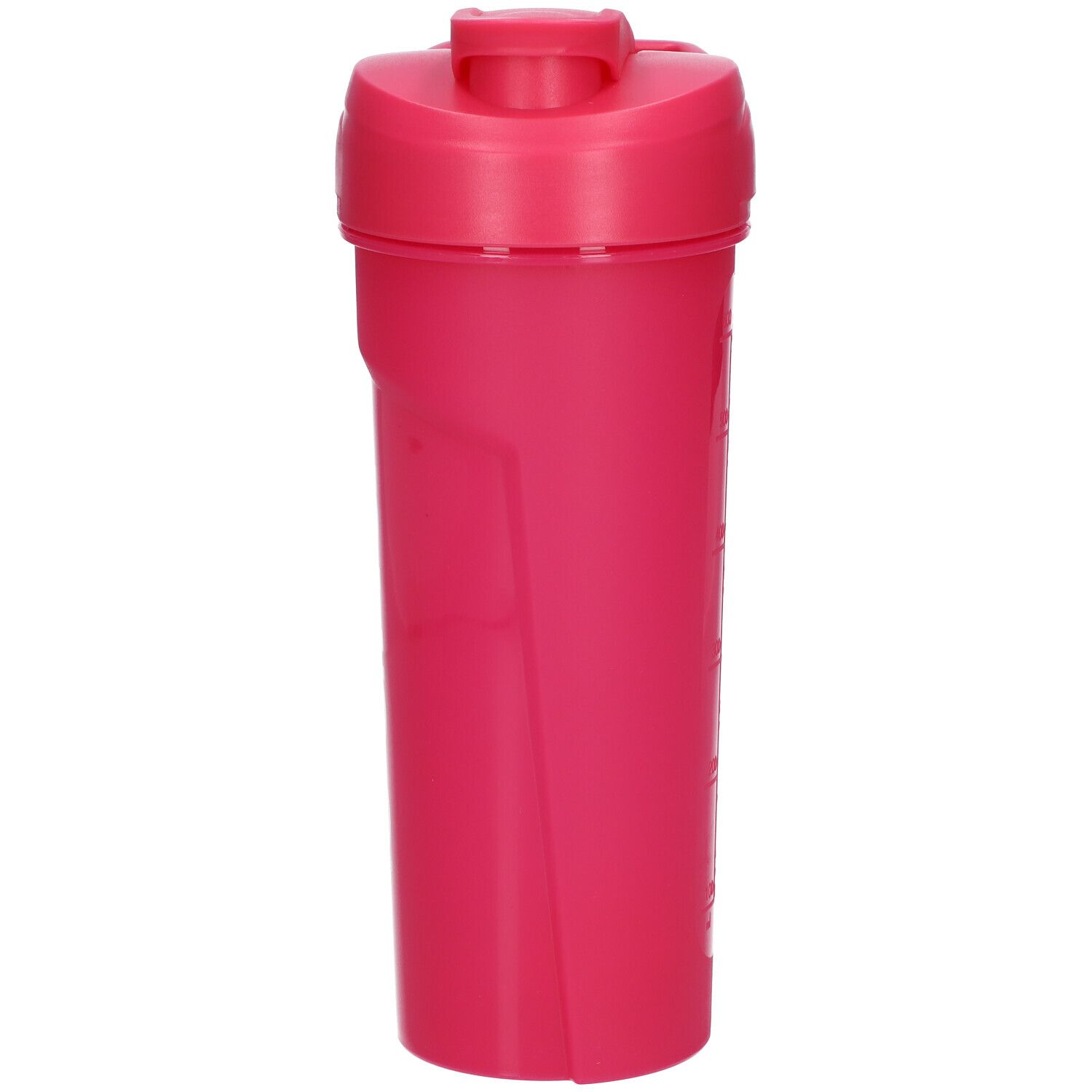 Shaker rose avec échelle de mesure. Le shaker a un couvercle et un bouchon pour boire. L'échelle est blanche.
