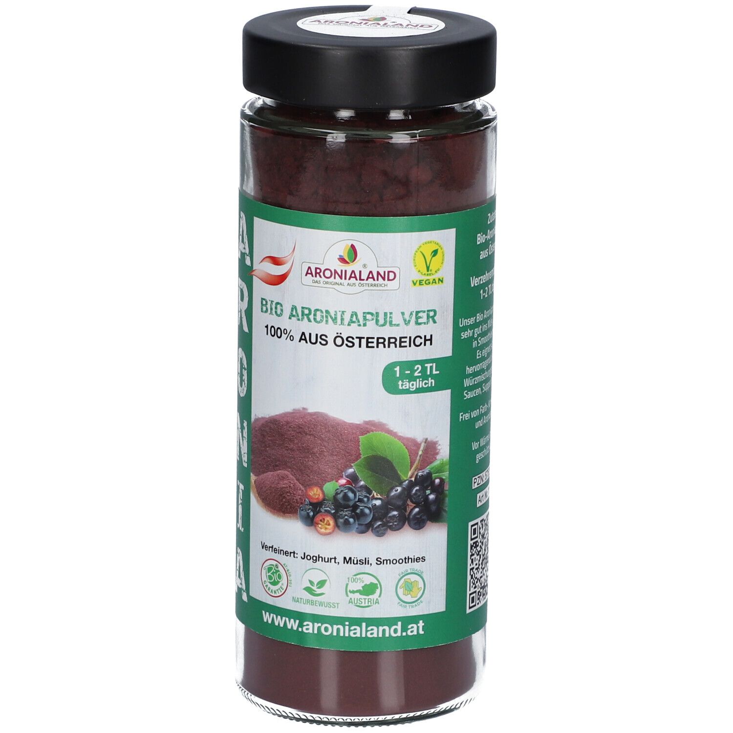 Glasbehälter mit BIO Aronia Pulver. Aufschrift: ARONIALAND BIO ARONIA PULVER, 100% aus Österreich. Vegan-Siegel. Abbildung von Aroniabeeren.