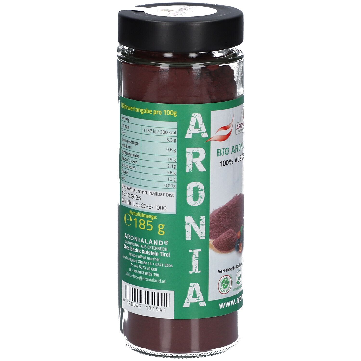 Glasbehälter mit BIO Aronia Pulver. Aufschrift: ARONIALAND BIO ARONIA PULVER, 100% aus Österreich. Nährwertangaben. Gewicht: 185 g. Vegan-Siegel.