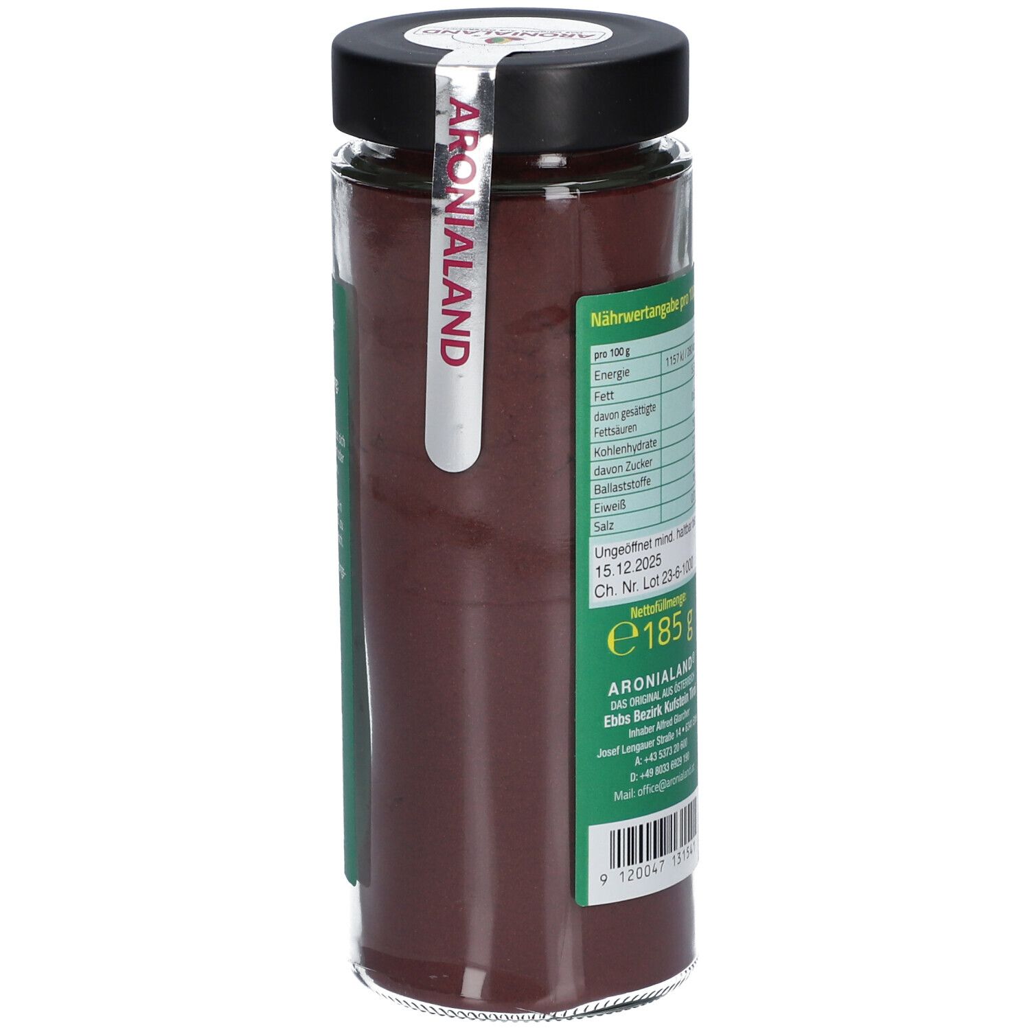 Glasbehälter mit BIO Aronia Pulver. Aufschrift: ARONIALAND. Etikett mit Nährwertangaben. Gewicht: 185 g. Mindestens haltbar bis 15.12.2025.