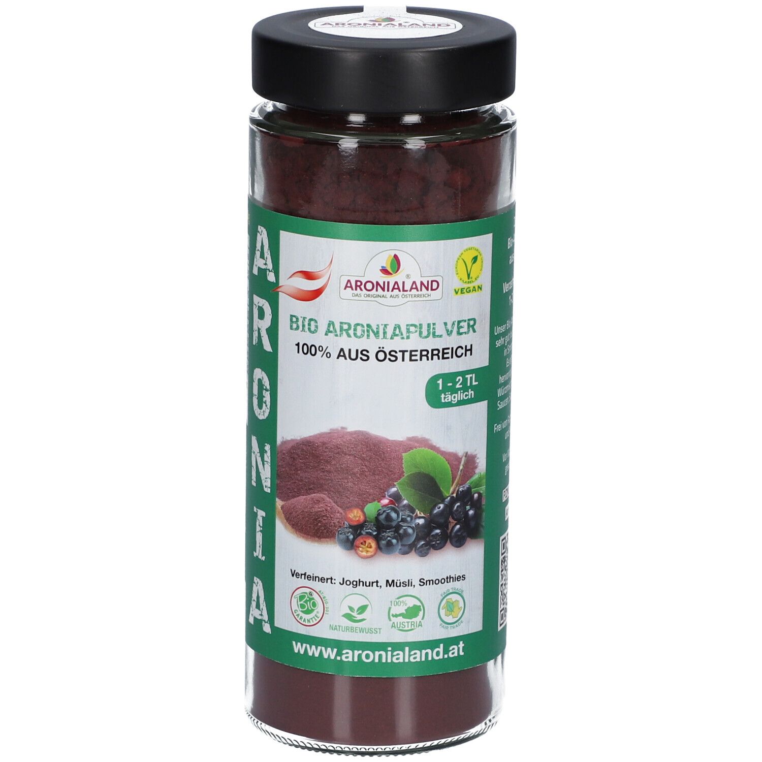 Glasbehälter mit BIO Aronia Pulver. Aufschrift: ARONIALAND BIO ARONIA PULVER, 100% aus Österreich. Vegan-Siegel. Abbildung von Aroniabeeren.